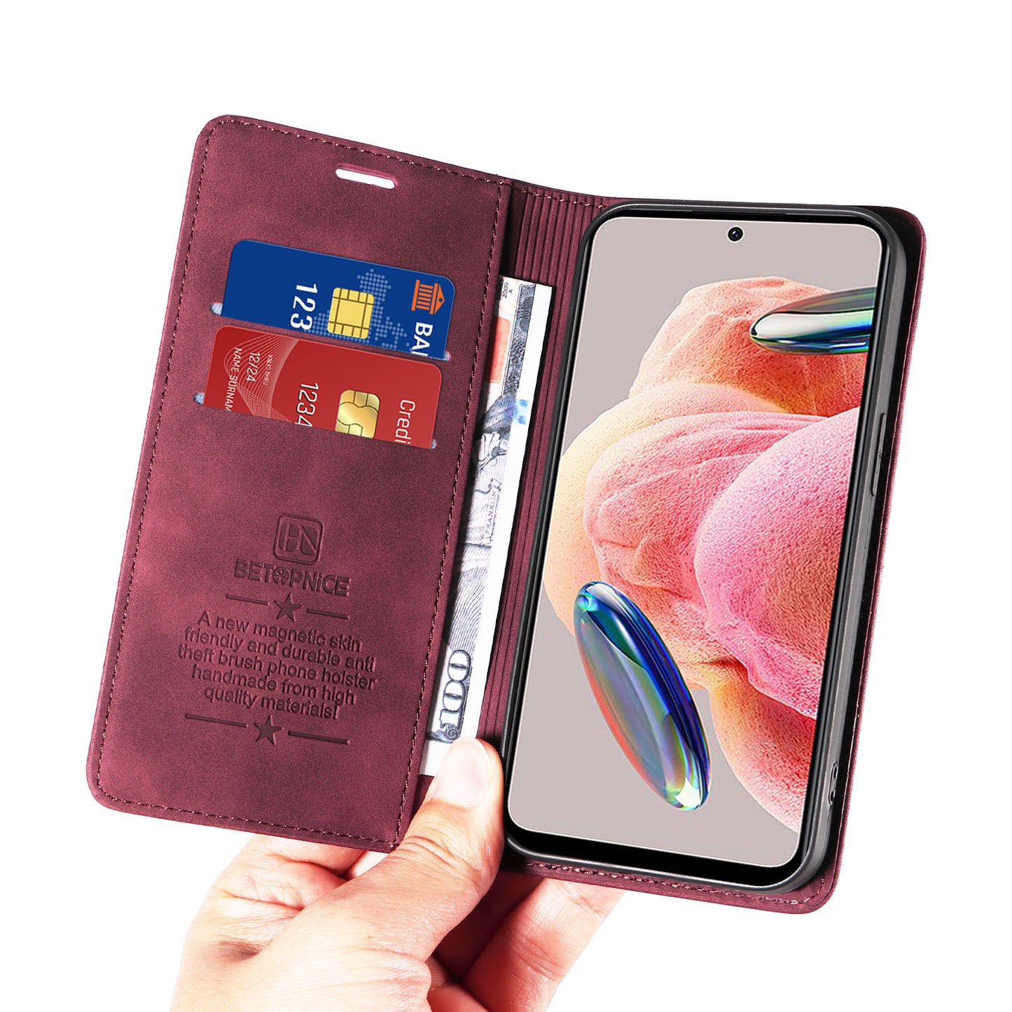 Uniqkart 003 For Xiaomi Redmi Note 12 4G RFID Blocking Phone Wallet Case Leather Stand Cover - Red