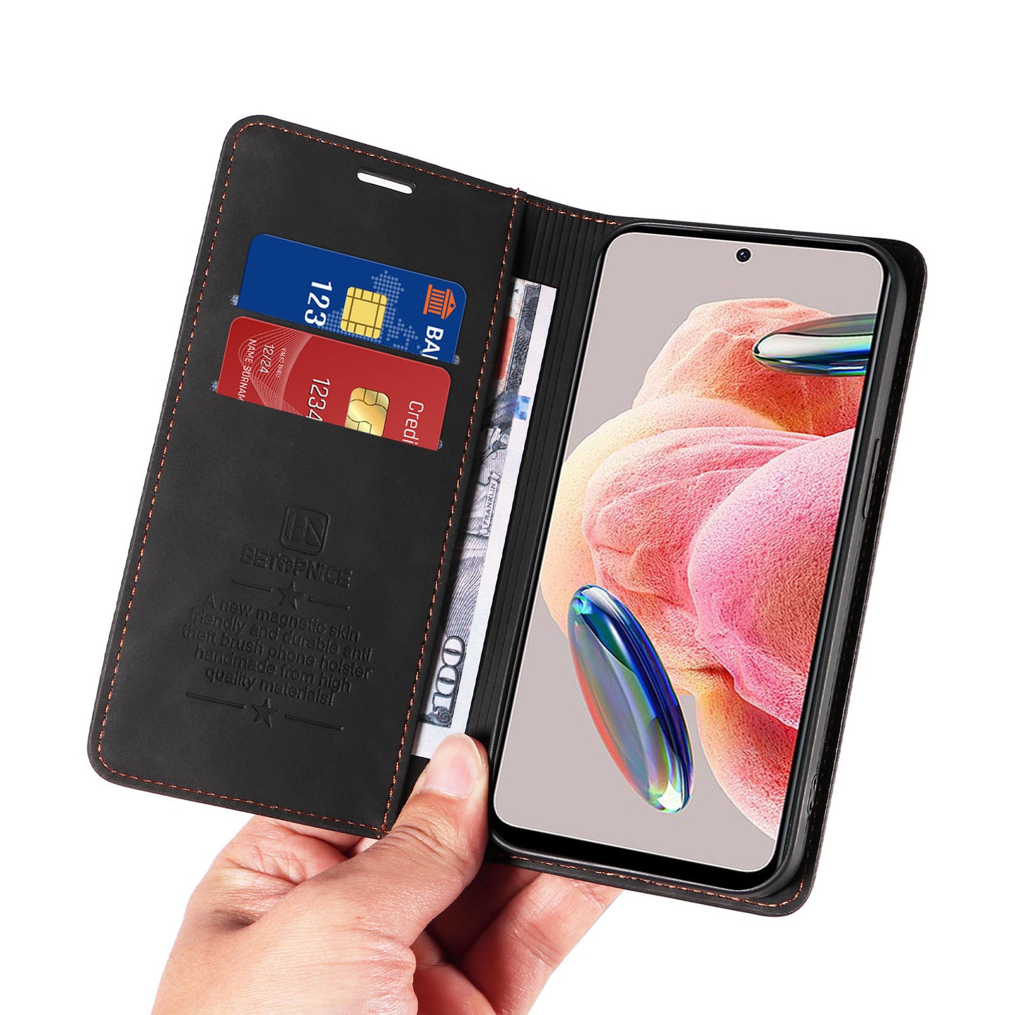 Uniqkart 003 For Xiaomi Redmi Note 12 4G RFID Blocking Phone Wallet Case Leather Stand Cover - Black