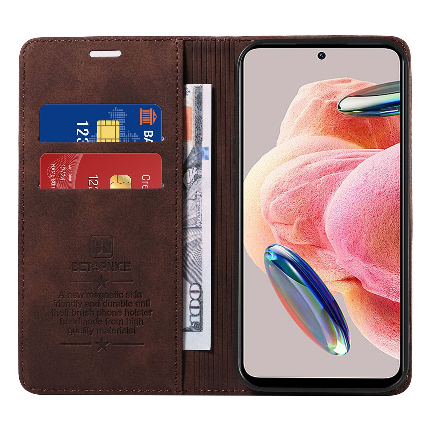 Uniqkart 003 For Xiaomi Redmi Note 12 4G RFID Blocking Phone Wallet Case Leather Stand Cover - Brown