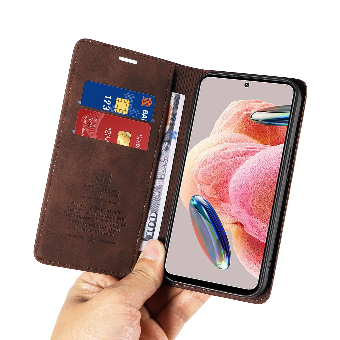 Uniqkart 003 For Xiaomi Redmi Note 12 4G RFID Blocking Phone Wallet Case Leather Stand Cover - Brown