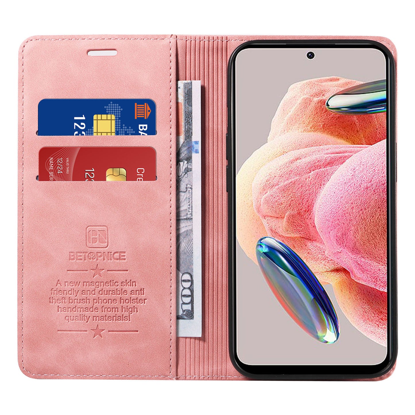 Uniqkart 003 For Xiaomi Redmi Note 12 4G RFID Blocking Phone Wallet Case Leather Stand Cover - Pink