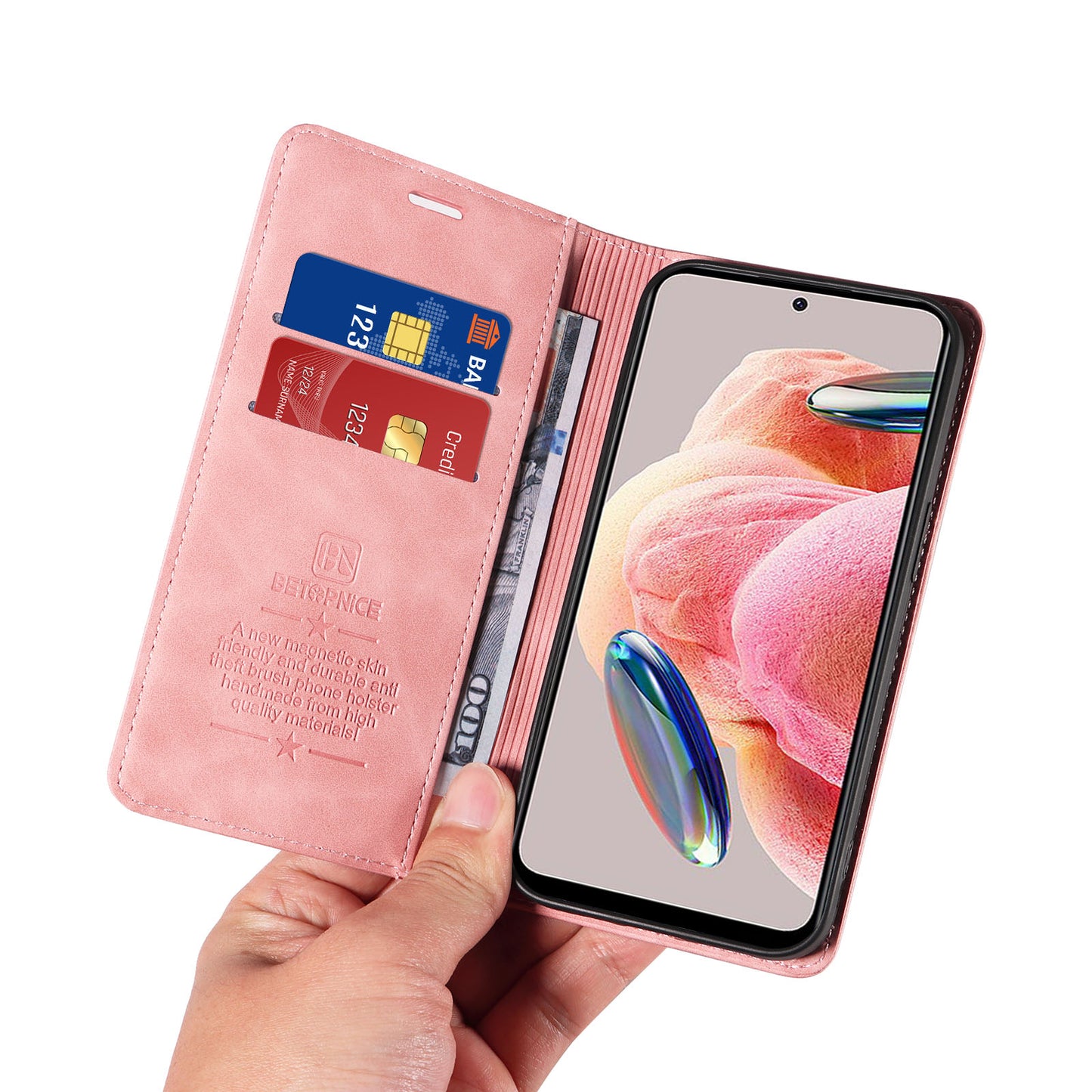 Uniqkart 003 For Xiaomi Redmi Note 12 4G RFID Blocking Phone Wallet Case Leather Stand Cover - Pink