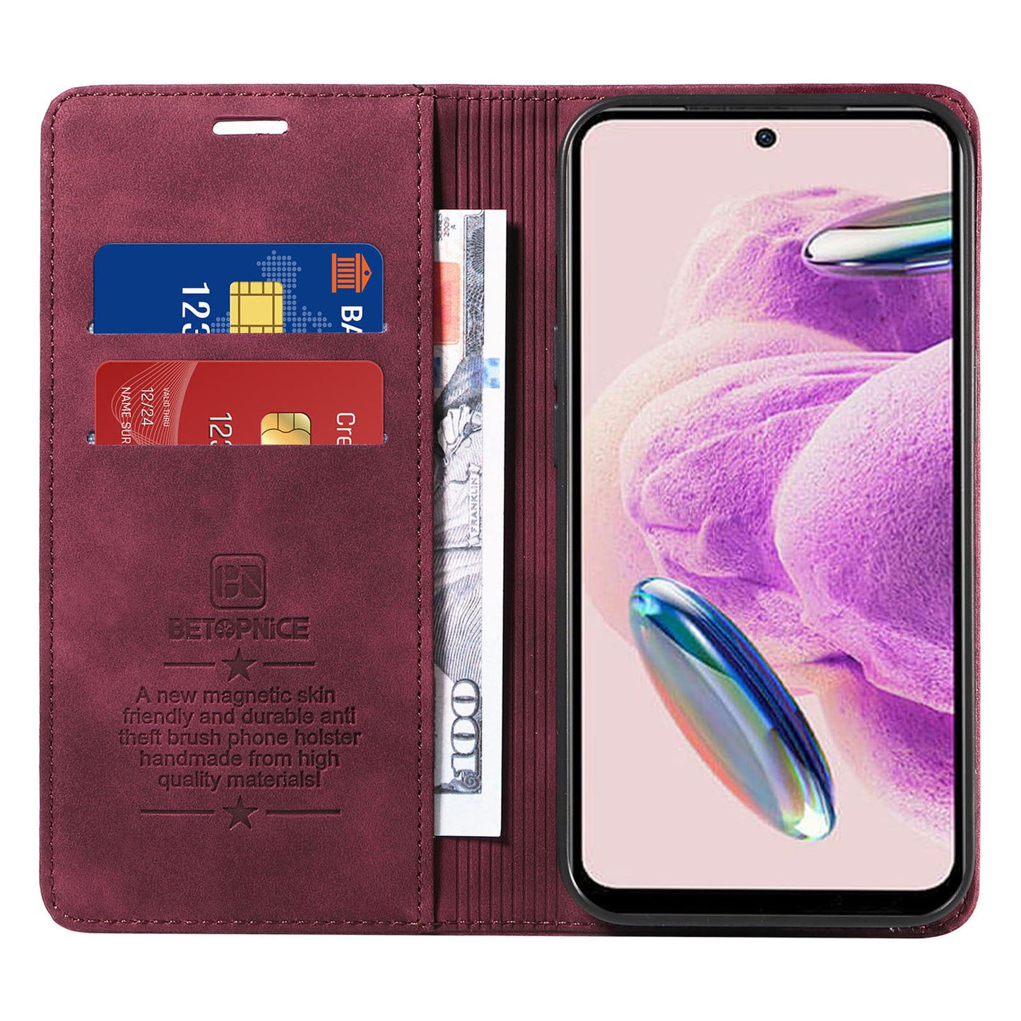 Uniqkart 003 Stand Cover for Xiaomi Redmi Note 12S 4G RFID Blocking Phone Wallet Leather Case - Red