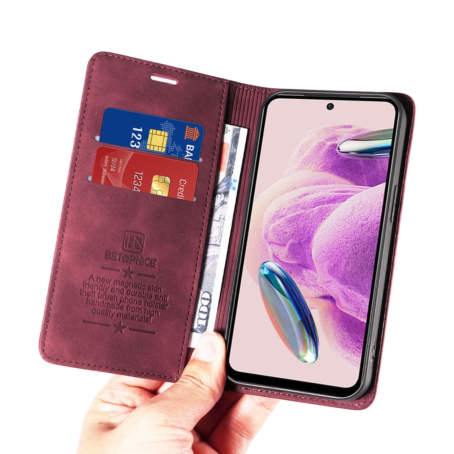 Uniqkart 003 Stand Cover for Xiaomi Redmi Note 12S 4G RFID Blocking Phone Wallet Leather Case - Red