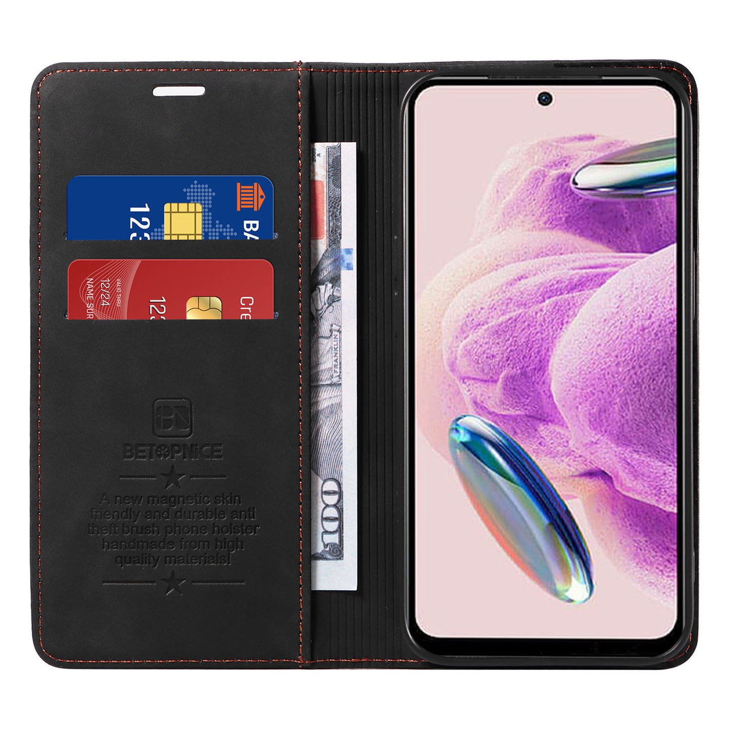 Uniqkart 003 Stand Cover for Xiaomi Redmi Note 12S 4G RFID Blocking Phone Wallet Leather Case - Black