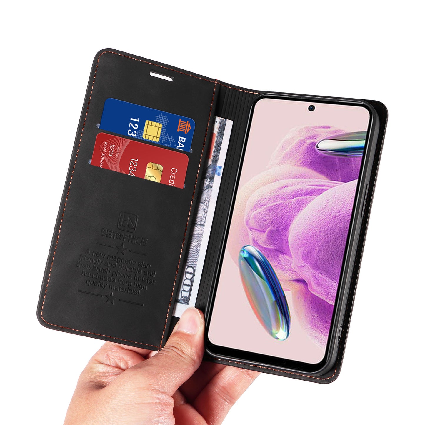 Uniqkart 003 Stand Cover for Xiaomi Redmi Note 12S 4G RFID Blocking Phone Wallet Leather Case - Black