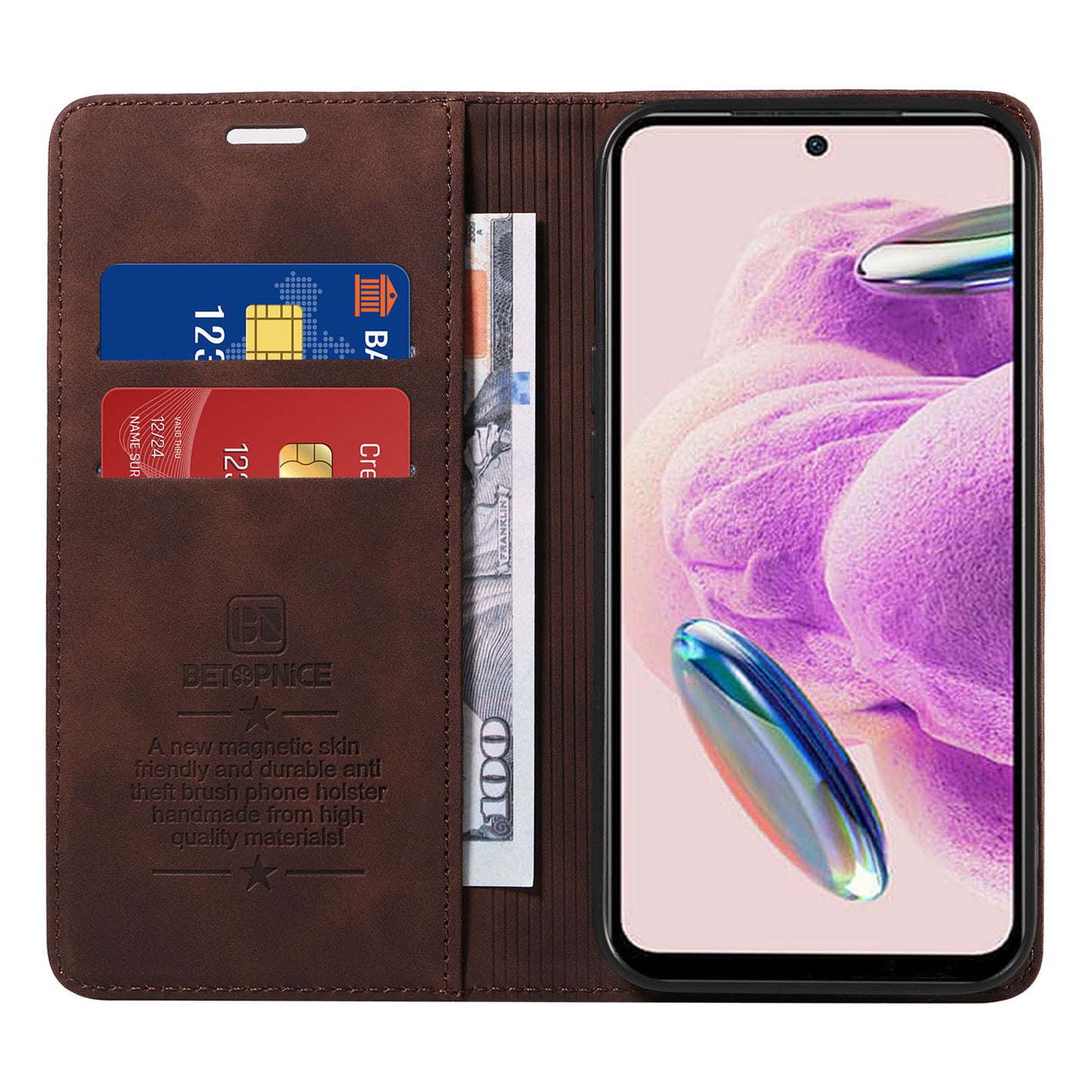 Uniqkart 003 Stand Cover for Xiaomi Redmi Note 12S 4G RFID Blocking Phone Wallet Leather Case - Brown