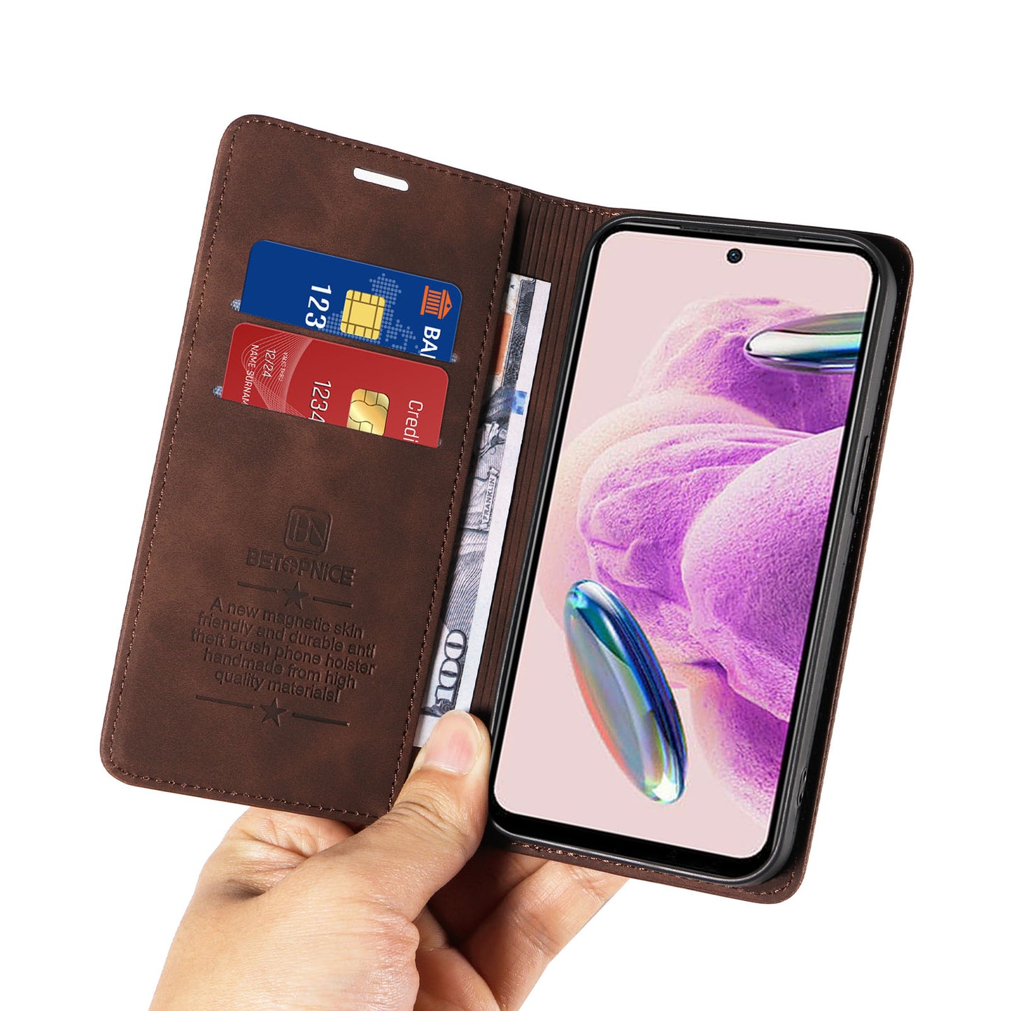 Uniqkart 003 Stand Cover for Xiaomi Redmi Note 12S 4G RFID Blocking Phone Wallet Leather Case - Brown