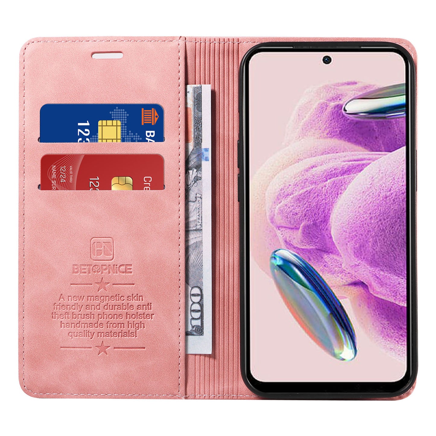 Uniqkart 003 Stand Cover for Xiaomi Redmi Note 12S 4G RFID Blocking Phone Wallet Leather Case - Pink