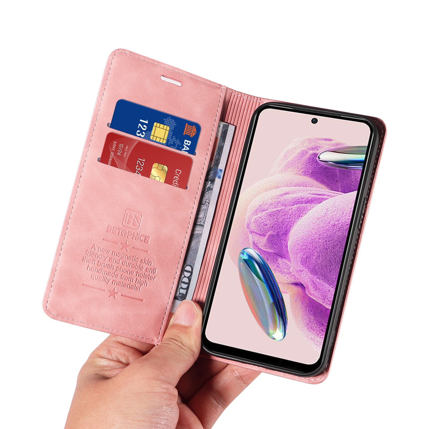Uniqkart 003 Stand Cover for Xiaomi Redmi Note 12S 4G RFID Blocking Phone Wallet Leather Case - Pink
