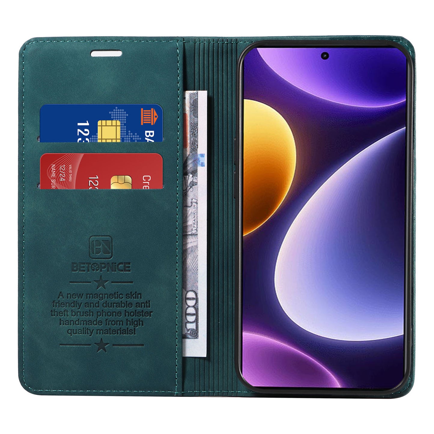Uniqkart 003 RFID Blocking Shell for Xiaomi Redmi Note 12 Turbo / Poco F5 5G Phone Wallet Case Leather Stand Cover - Green