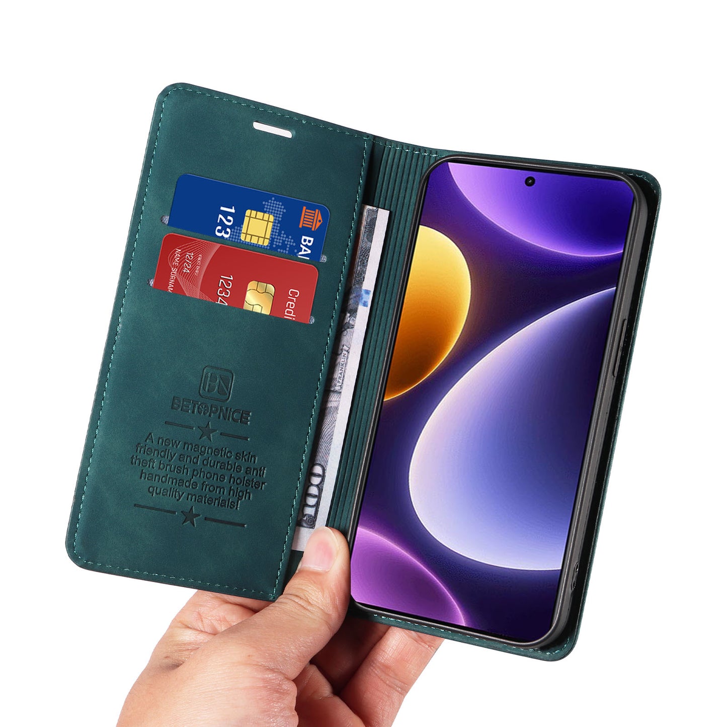 Uniqkart 003 RFID Blocking Shell for Xiaomi Redmi Note 12 Turbo / Poco F5 5G Phone Wallet Case Leather Stand Cover - Green