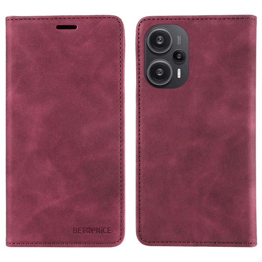 Uniqkart 003 RFID Blocking Shell for Xiaomi Redmi Note 12 Turbo / Poco F5 5G Phone Wallet Case Leather Stand Cover - Red