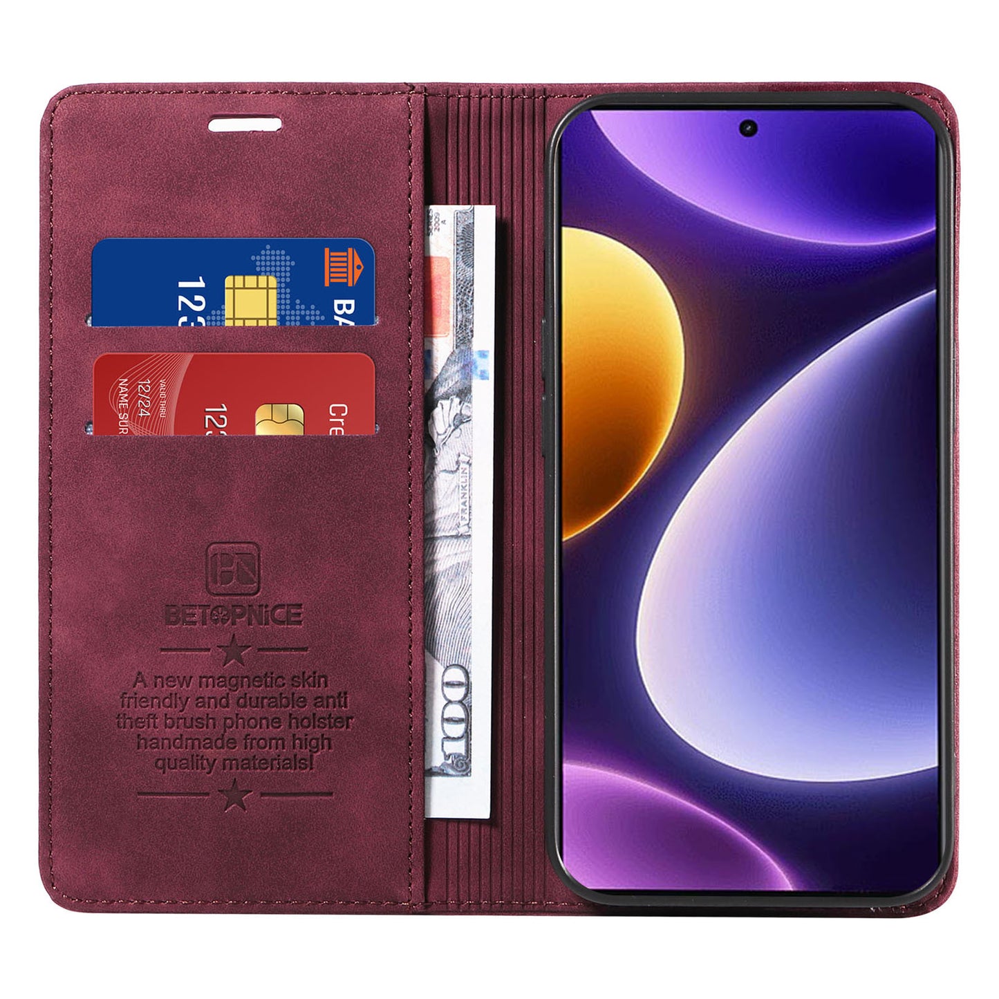 Uniqkart 003 RFID Blocking Shell for Xiaomi Redmi Note 12 Turbo / Poco F5 5G Phone Wallet Case Leather Stand Cover - Red