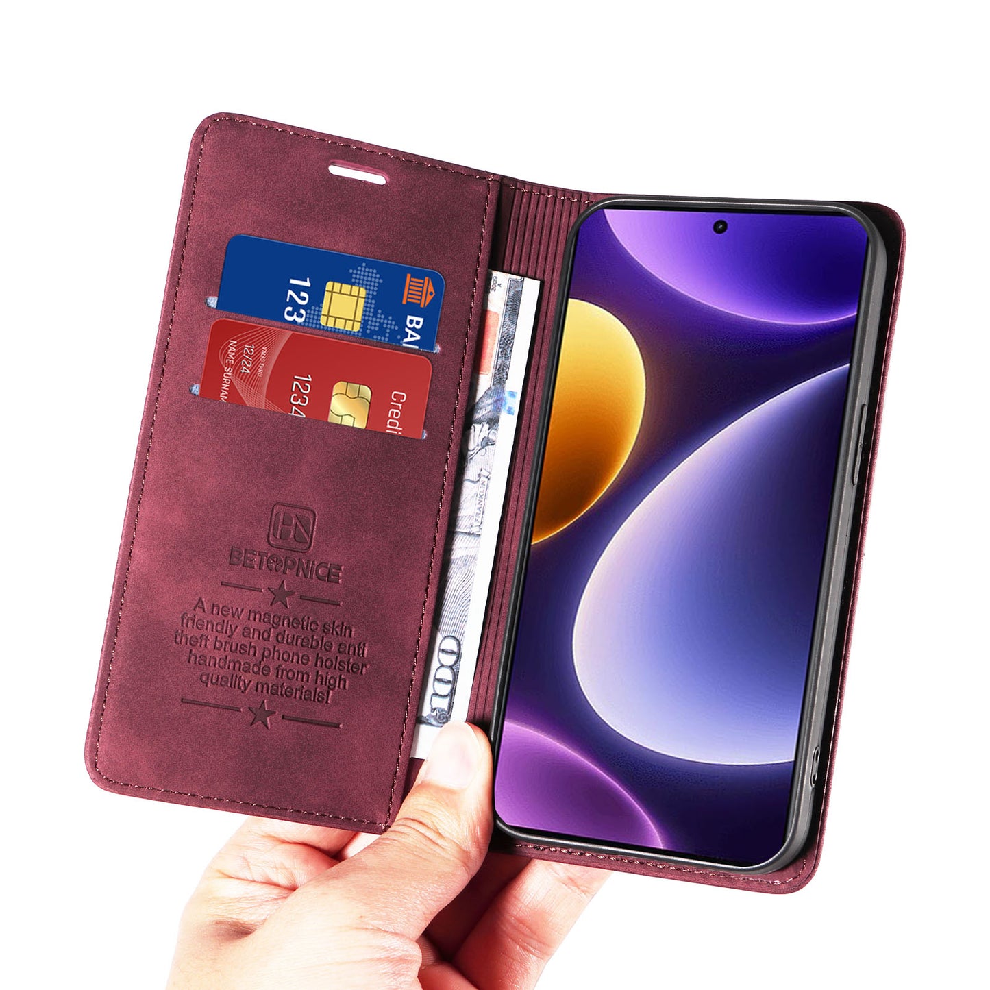 Uniqkart 003 RFID Blocking Shell for Xiaomi Redmi Note 12 Turbo / Poco F5 5G Phone Wallet Case Leather Stand Cover - Red