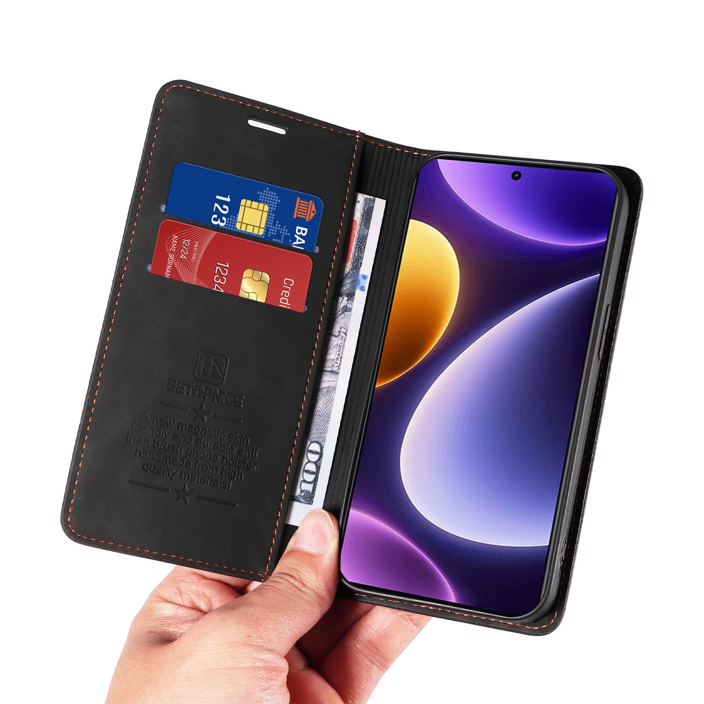 Uniqkart 003 RFID Blocking Shell for Xiaomi Redmi Note 12 Turbo / Poco F5 5G Phone Wallet Case Leather Stand Cover - Black