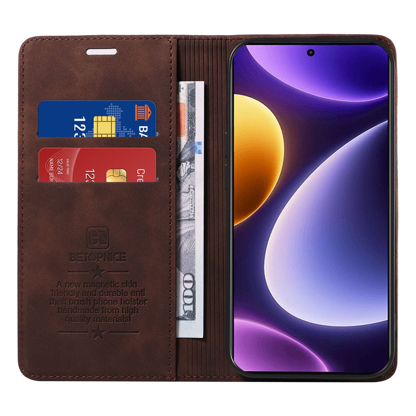 Uniqkart 003 RFID Blocking Shell for Xiaomi Redmi Note 12 Turbo / Poco F5 5G Phone Wallet Case Leather Stand Cover - Brown