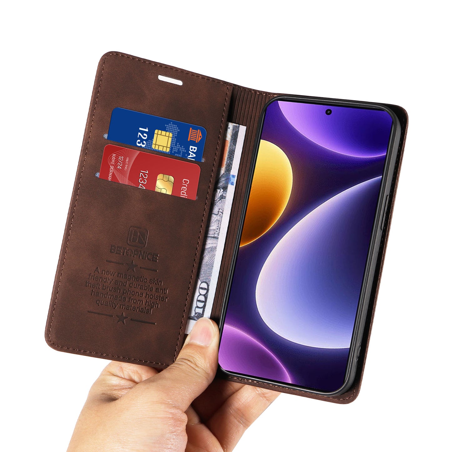 Uniqkart 003 RFID Blocking Shell for Xiaomi Redmi Note 12 Turbo / Poco F5 5G Phone Wallet Case Leather Stand Cover - Brown