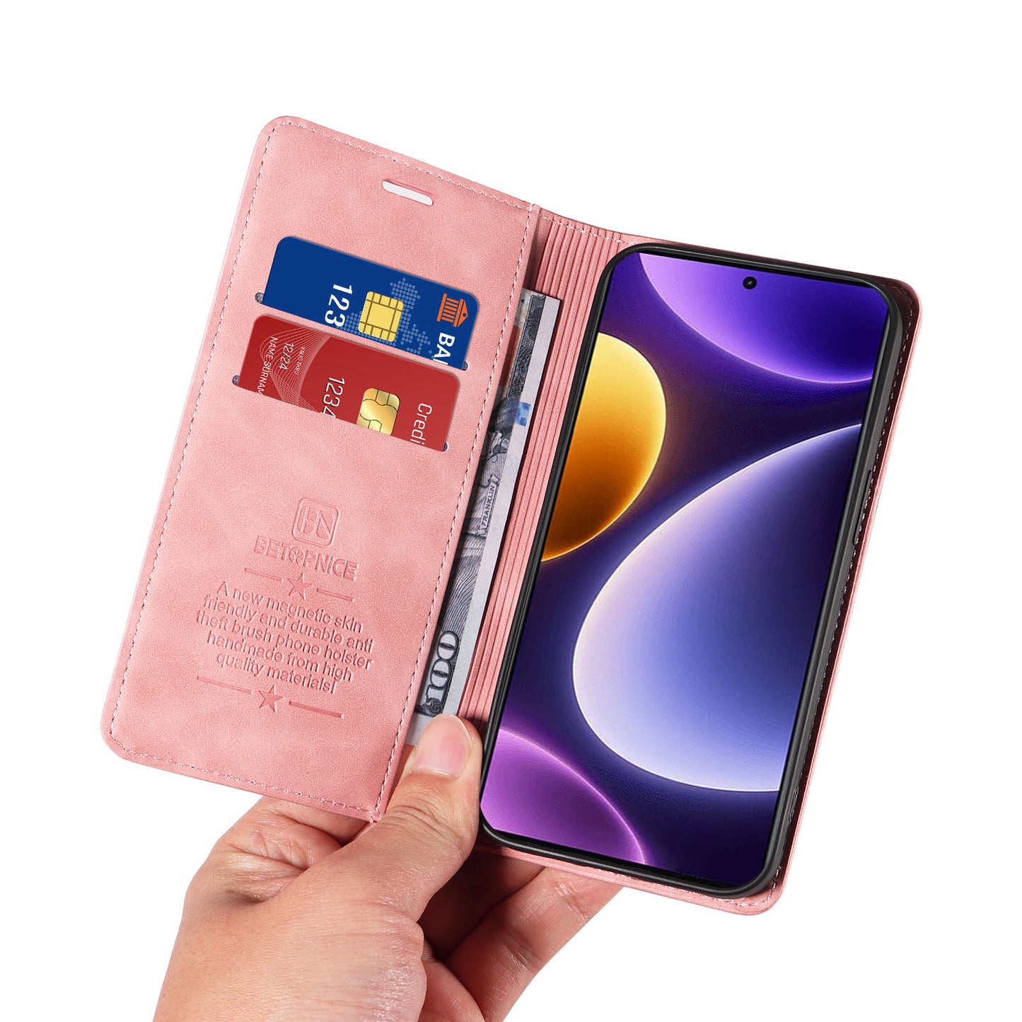 Uniqkart 003 RFID Blocking Shell for Xiaomi Redmi Note 12 Turbo / Poco F5 5G Phone Wallet Case Leather Stand Cover - Pink