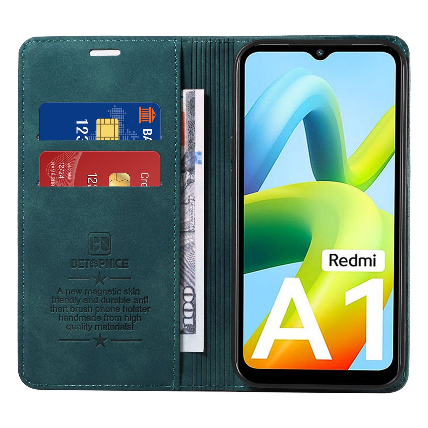 Uniqkart 003 For Xiaomi Redmi A1 4G / A2 4G Wallet Case RFID Blocking Phone Leather Stand Cover - Green