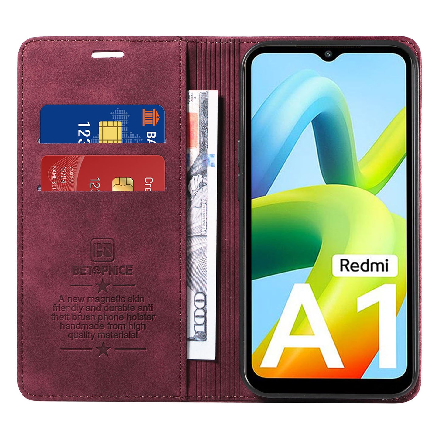 Uniqkart 003 For Xiaomi Redmi A1 4G / A2 4G Wallet Case RFID Blocking Phone Leather Stand Cover - Red