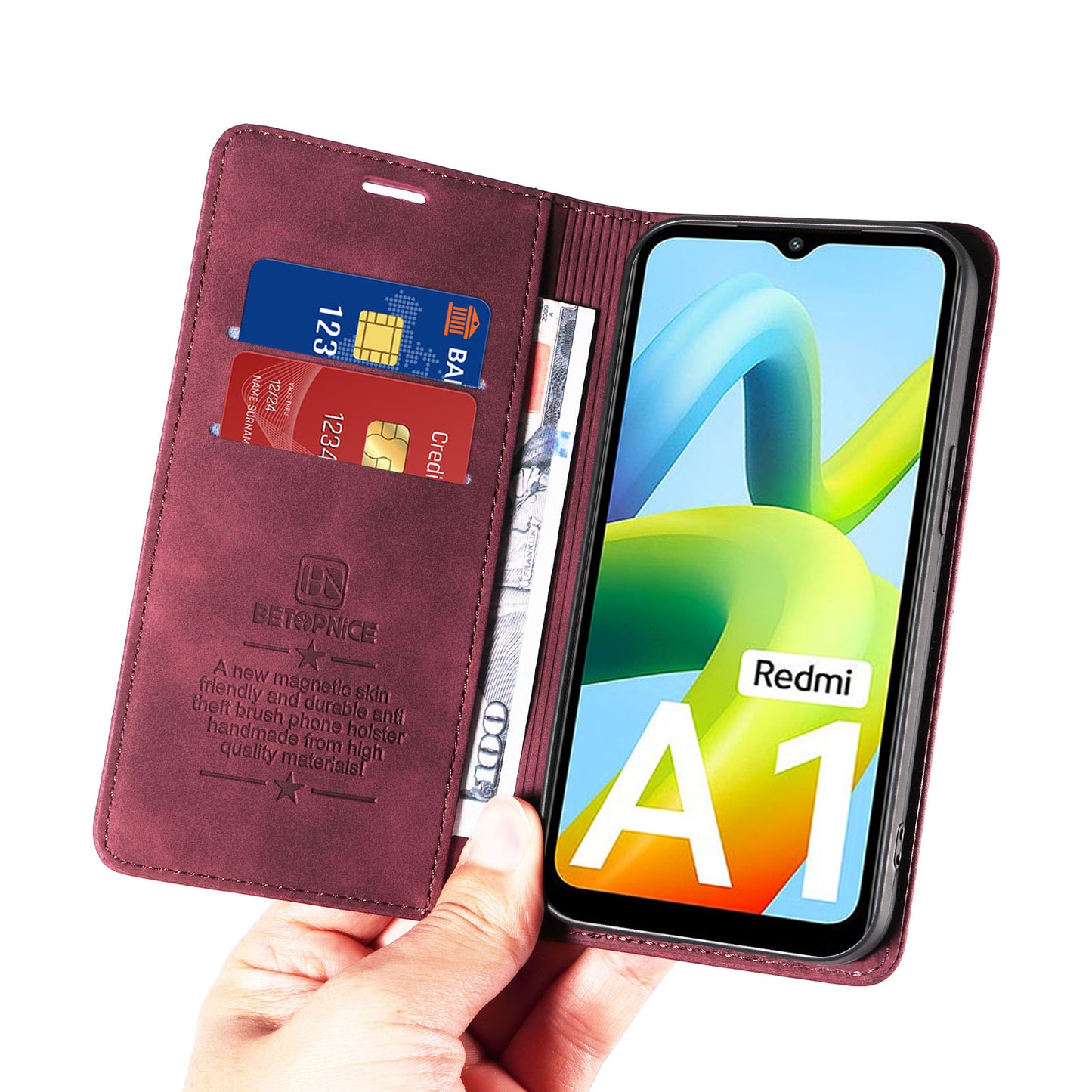 Uniqkart 003 For Xiaomi Redmi A1 4G / A2 4G Wallet Case RFID Blocking Phone Leather Stand Cover - Red