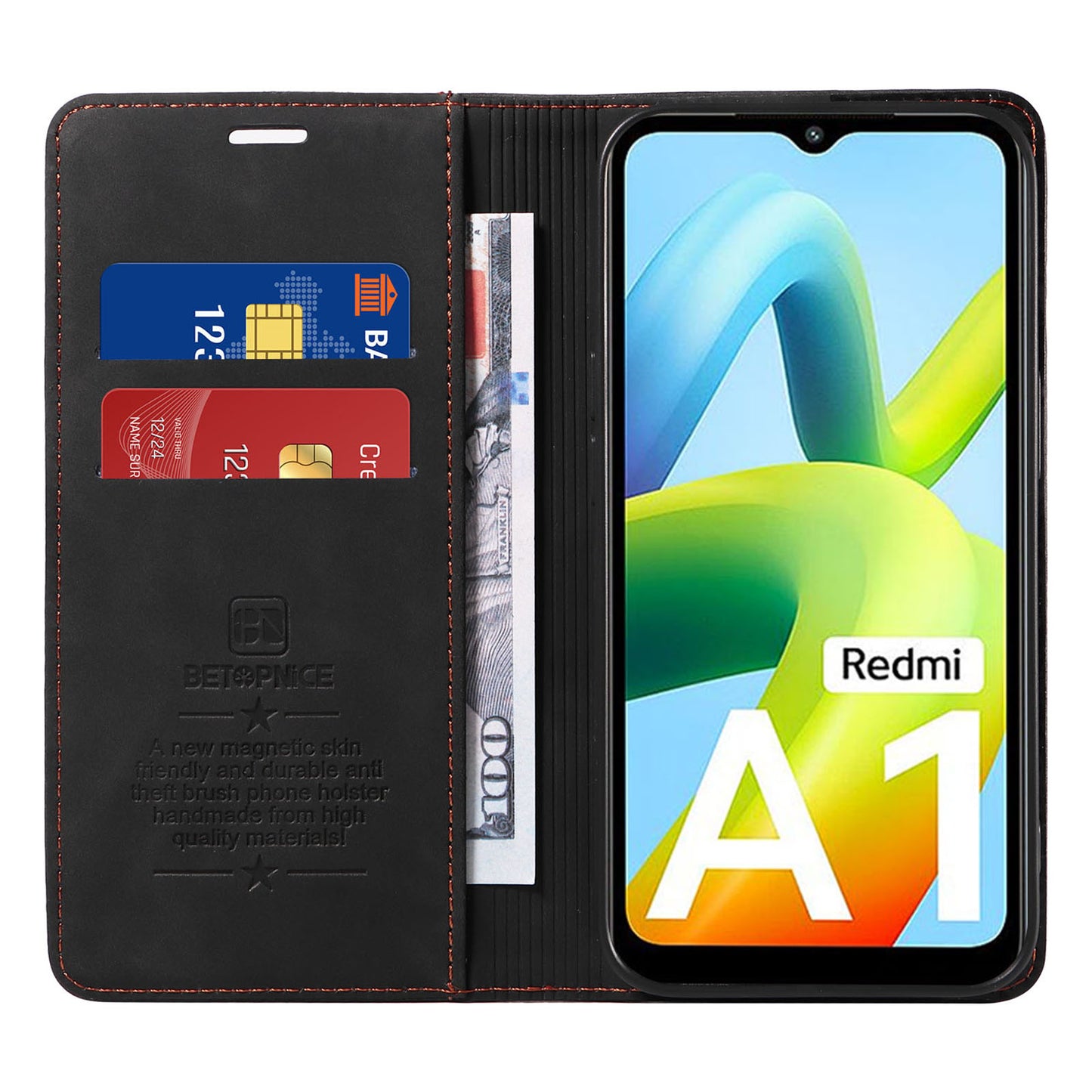 Uniqkart 003 For Xiaomi Redmi A1 4G / A2 4G Wallet Case RFID Blocking Phone Leather Stand Cover - Black