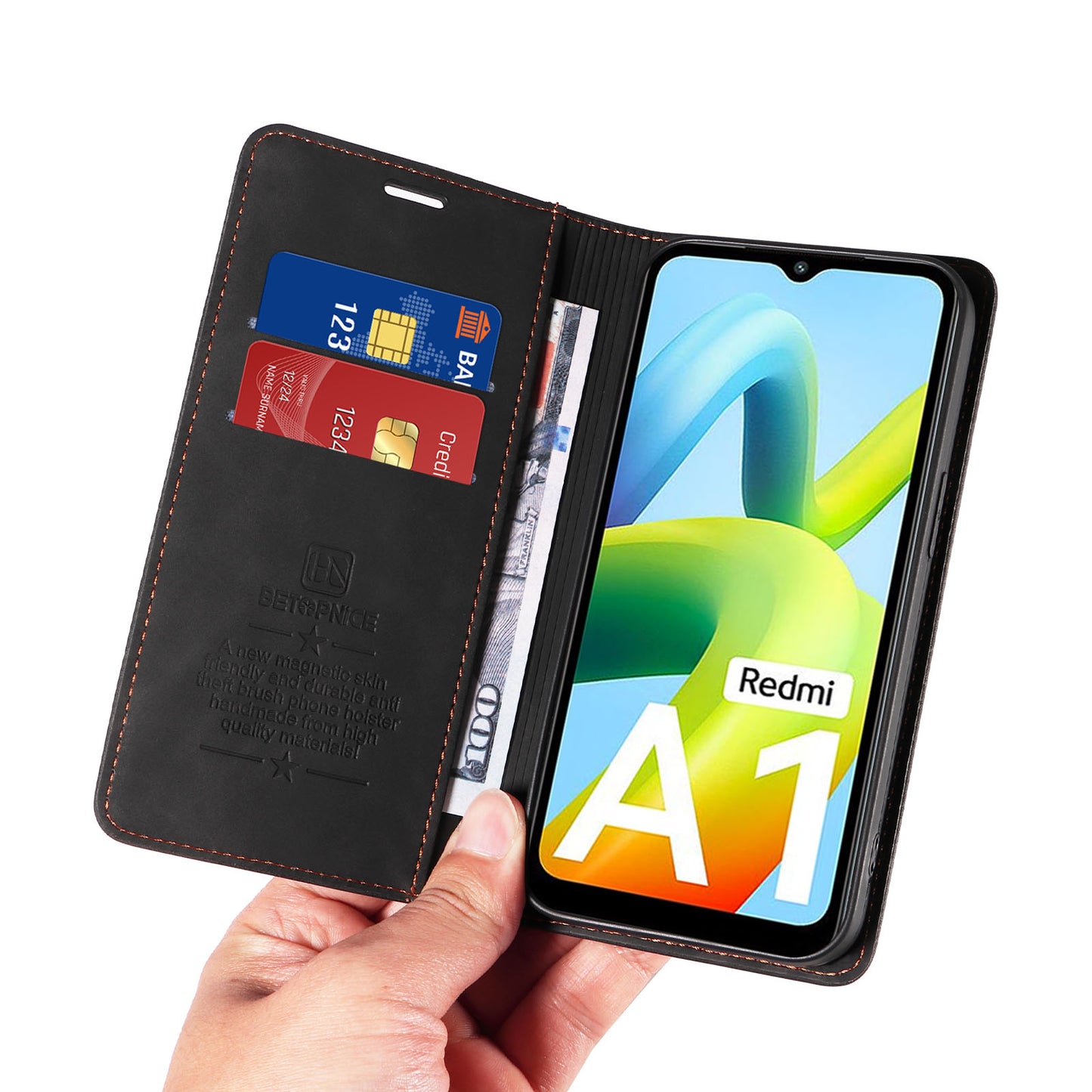 Uniqkart 003 For Xiaomi Redmi A1 4G / A2 4G Wallet Case RFID Blocking Phone Leather Stand Cover - Black