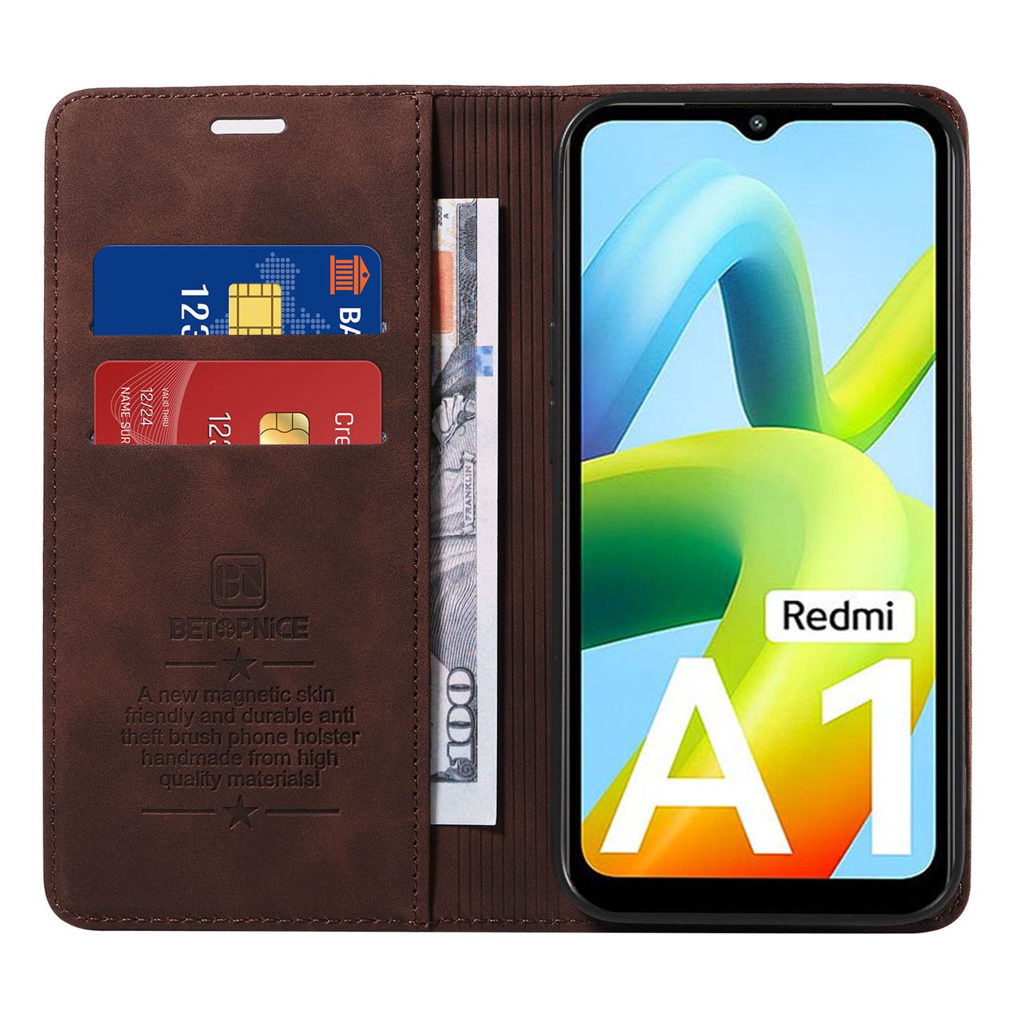 Uniqkart 003 For Xiaomi Redmi A1 4G / A2 4G Wallet Case RFID Blocking Phone Leather Stand Cover - Brown