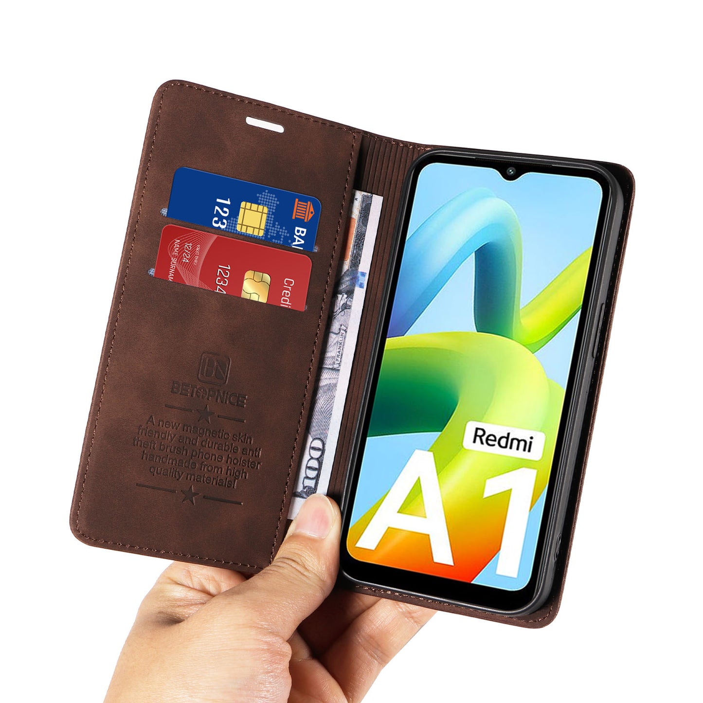 Uniqkart 003 For Xiaomi Redmi A1 4G / A2 4G Wallet Case RFID Blocking Phone Leather Stand Cover - Brown