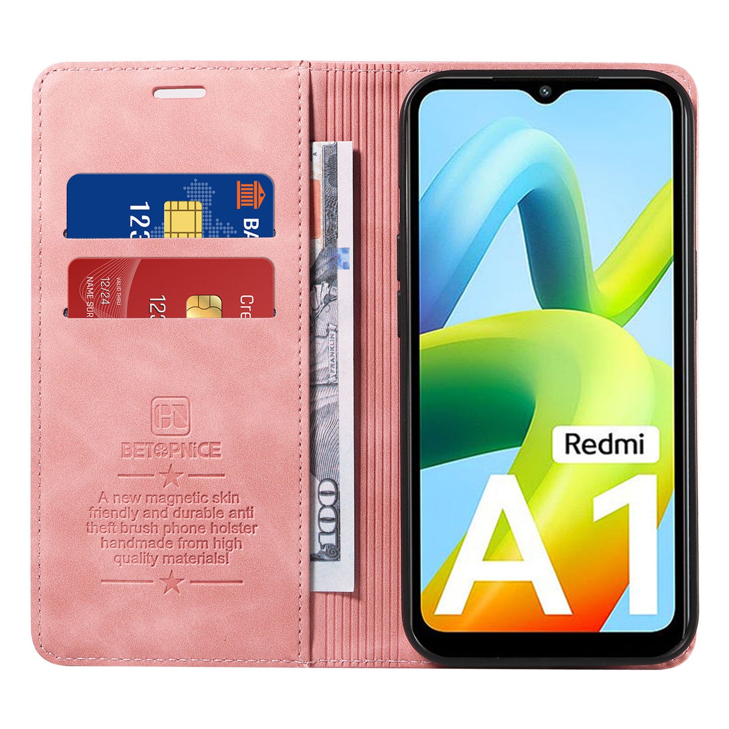 Uniqkart 003 For Xiaomi Redmi A1 4G / A2 4G Wallet Case RFID Blocking Phone Leather Stand Cover - Pink