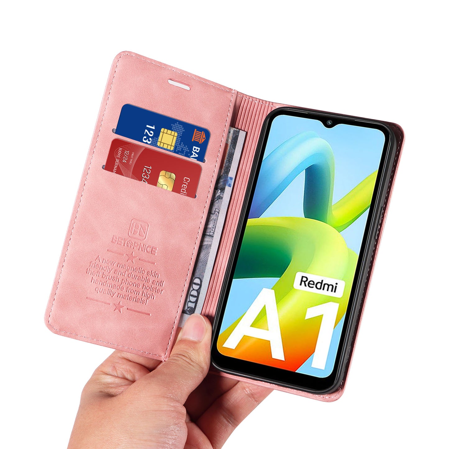 Uniqkart 003 For Xiaomi Redmi A1 4G / A2 4G Wallet Case RFID Blocking Phone Leather Stand Cover - Pink