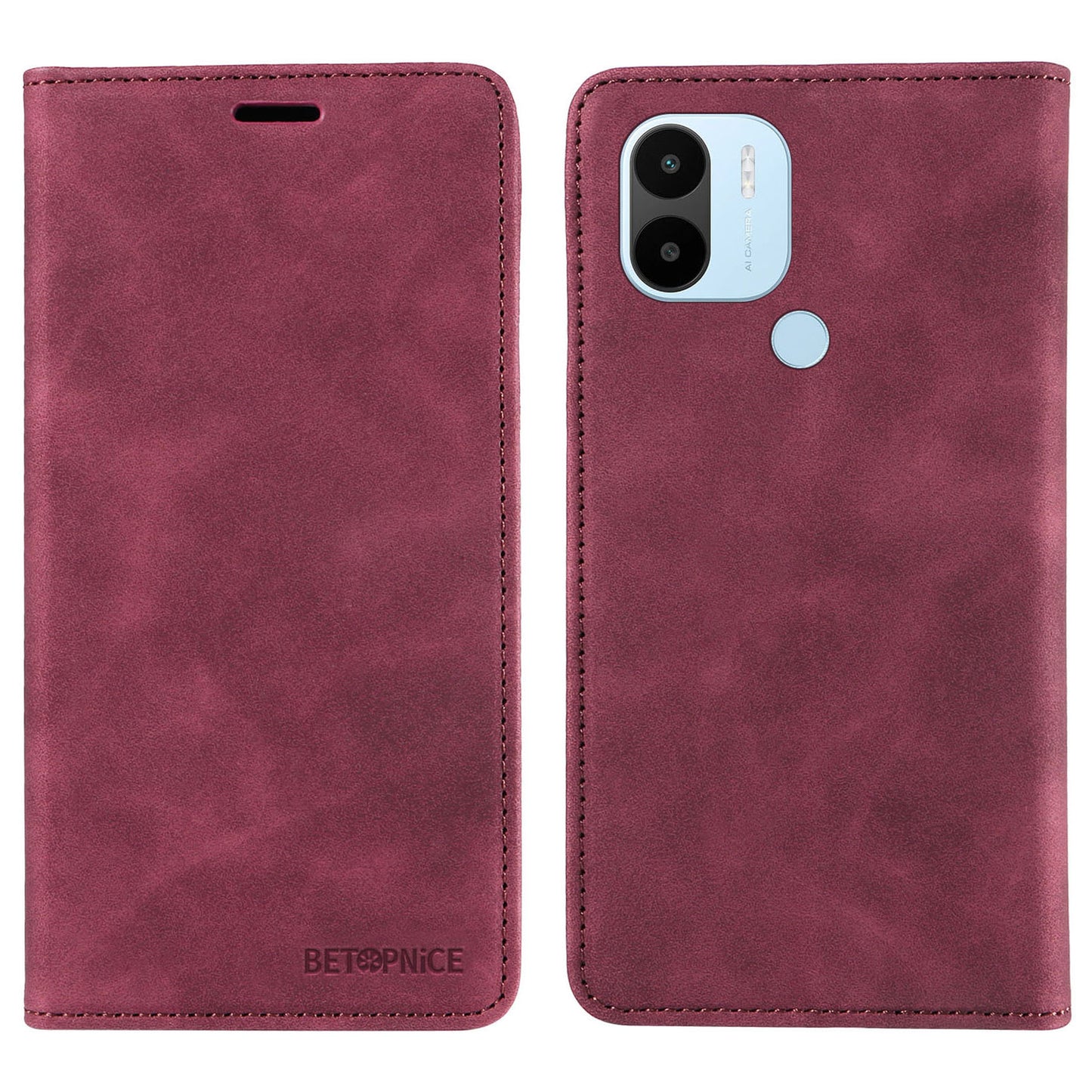 Uniqkart 003 For Xiaomi Redmi A1+ 4G / A2+ 4G / Poco C50 4G / Poco C51 4G RFID Blocking Phone Wallet Leather Stand Case (with Fingerprint Hole) - Red