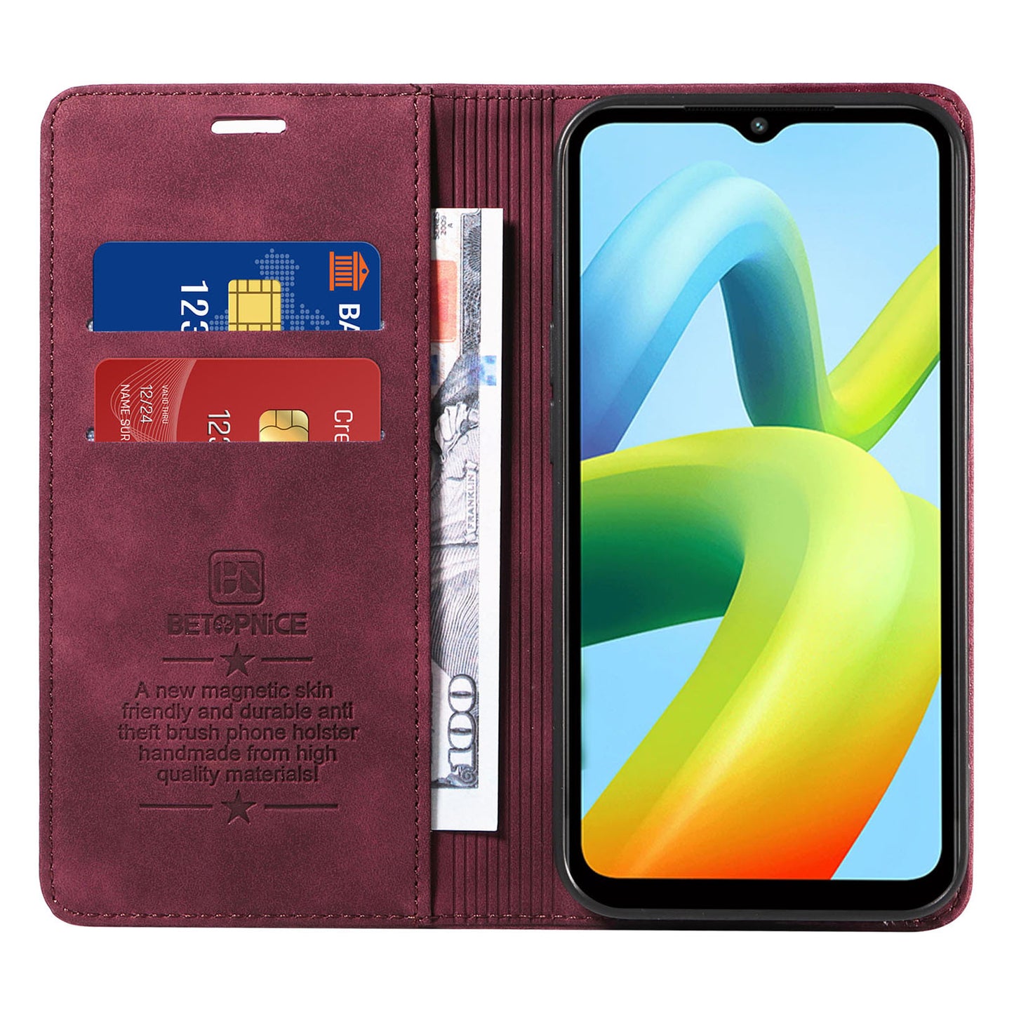 Uniqkart 003 For Xiaomi Redmi A1+ 4G / A2+ 4G / Poco C50 4G / Poco C51 4G RFID Blocking Phone Wallet Leather Stand Case (with Fingerprint Hole) - Red
