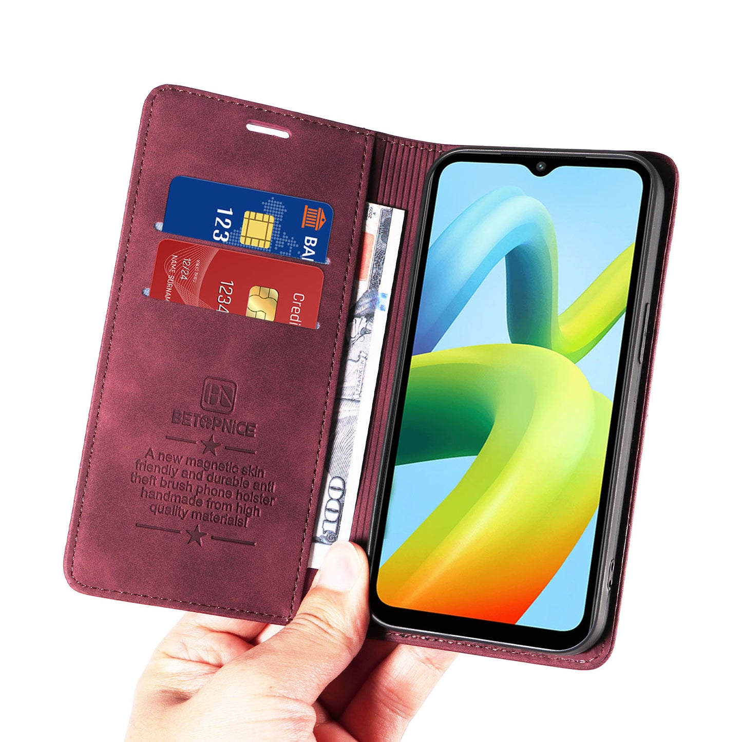 Uniqkart 003 For Xiaomi Redmi A1+ 4G / A2+ 4G / Poco C50 4G / Poco C51 4G RFID Blocking Phone Wallet Leather Stand Case (with Fingerprint Hole) - Red