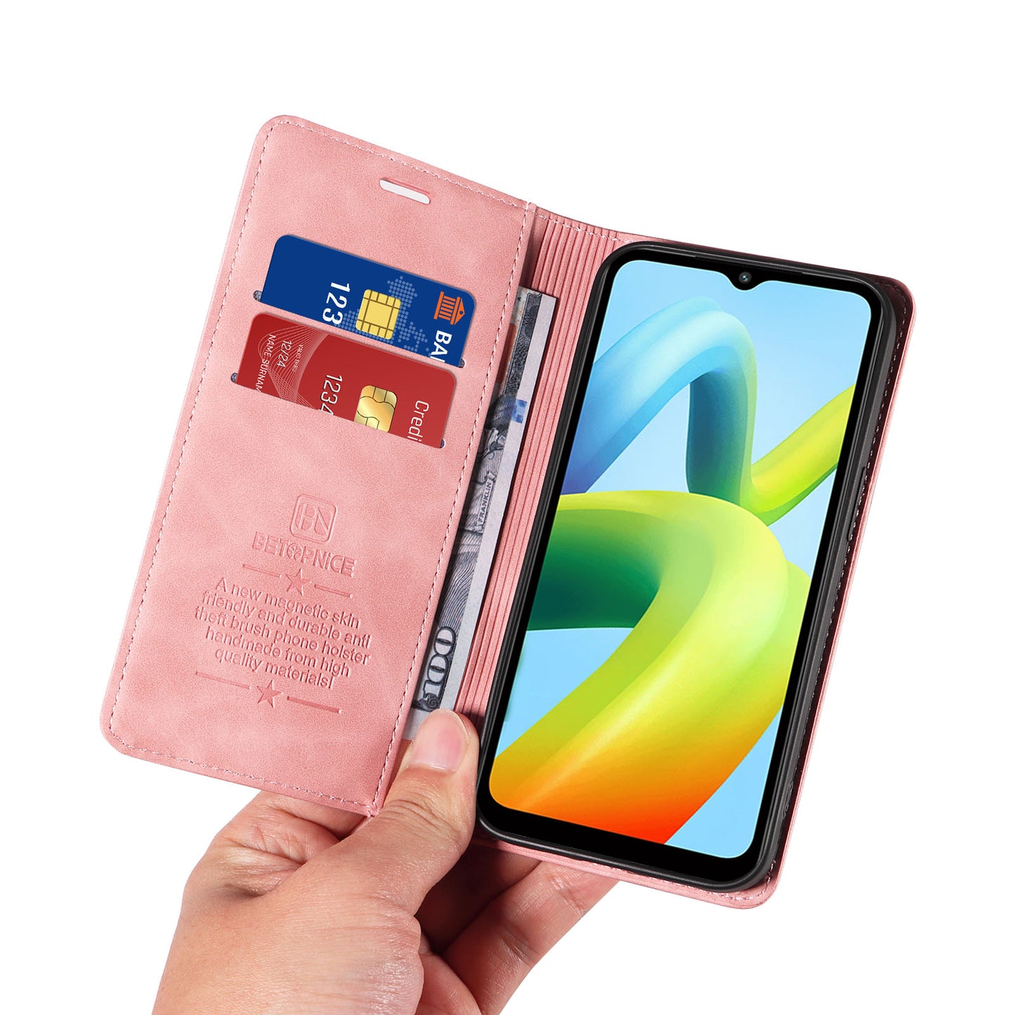 for Xiaomi Redmi A1+ 4G / A2+ 4G / Poco C50 4G / Poco C51 4G RFID Blocking Phone Wallet Leather Stand Case (with Fingerprint Hole) - Pink