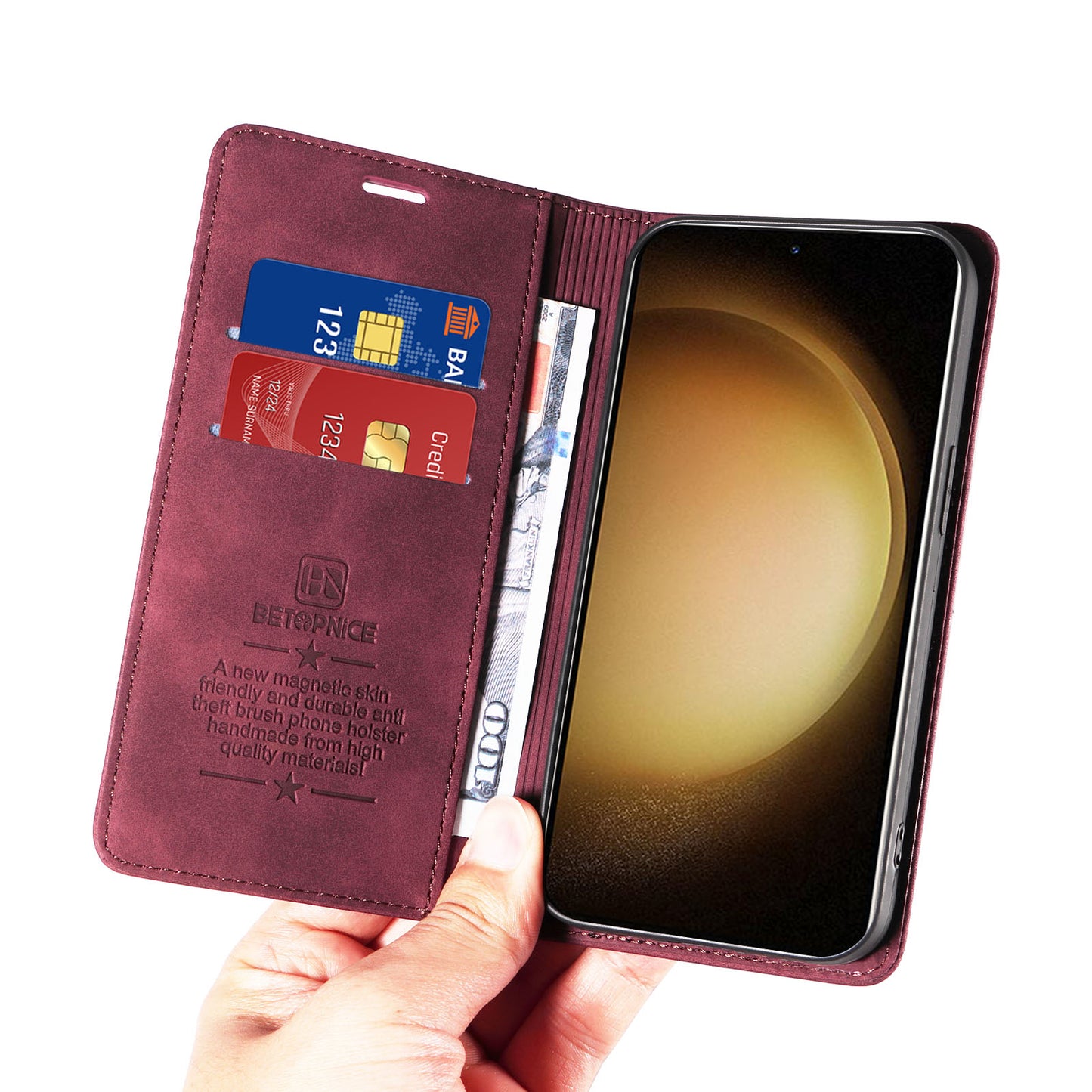 Uniqkart 003 For Samsung Galaxy S23+ RFID Blocking Phone Wallet Leather Stand Anti-drop Case - Red