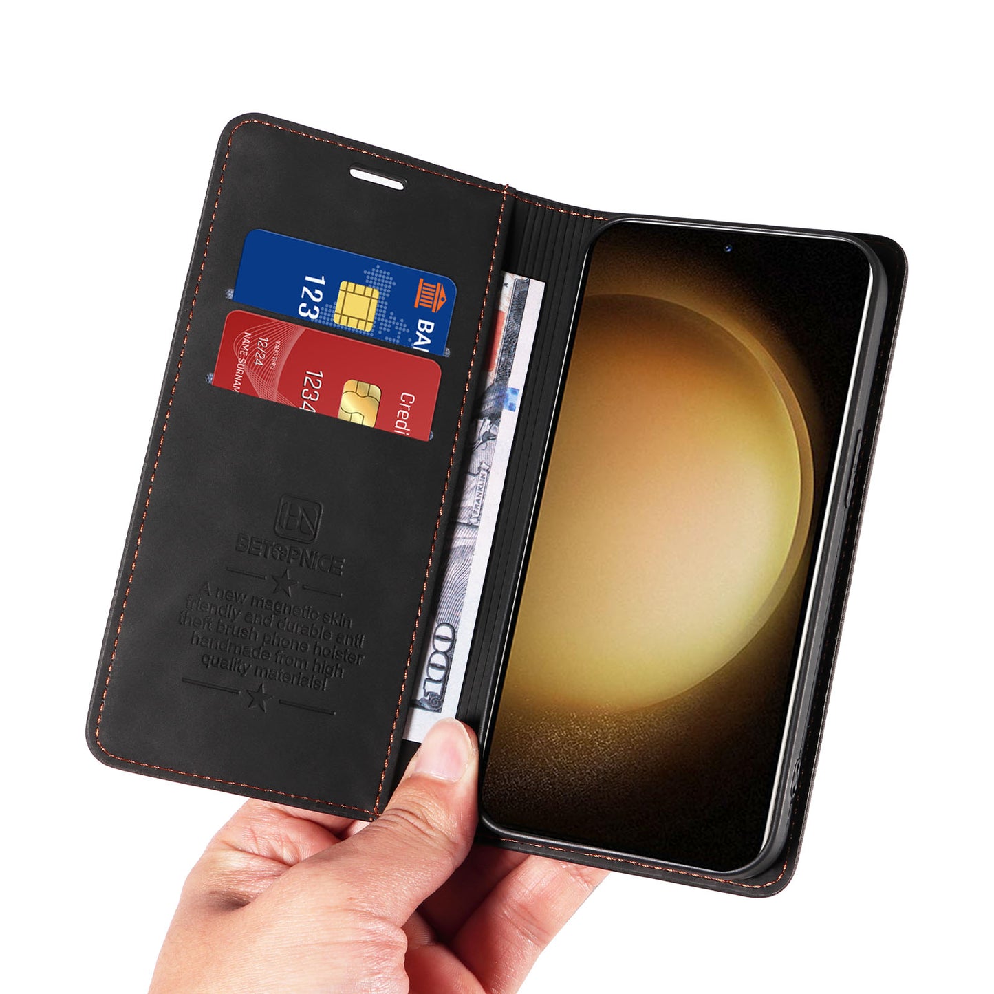 Uniqkart 003 For Samsung Galaxy S23+ RFID Blocking Phone Wallet Leather Stand Anti-drop Case - Black