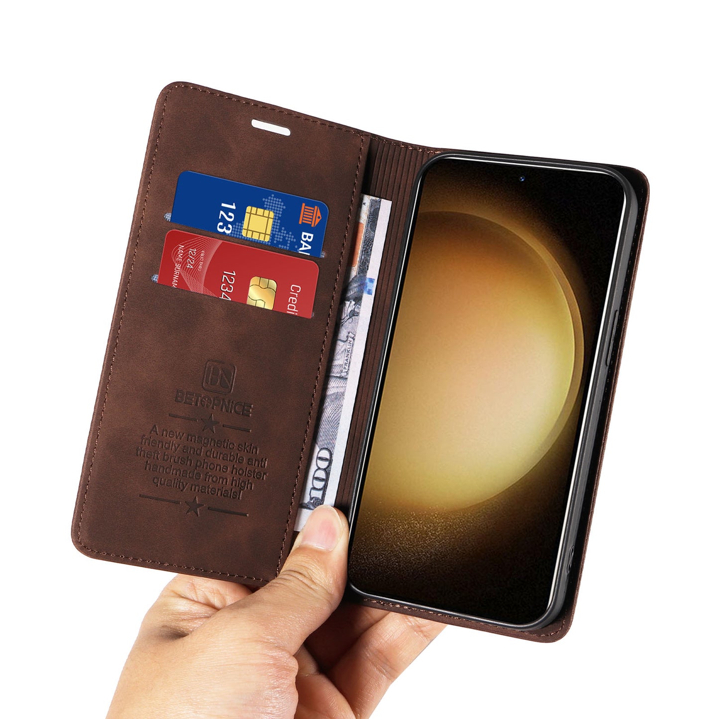 Uniqkart 003 For Samsung Galaxy S23+ RFID Blocking Phone Wallet Leather Stand Anti-drop Case - Brown