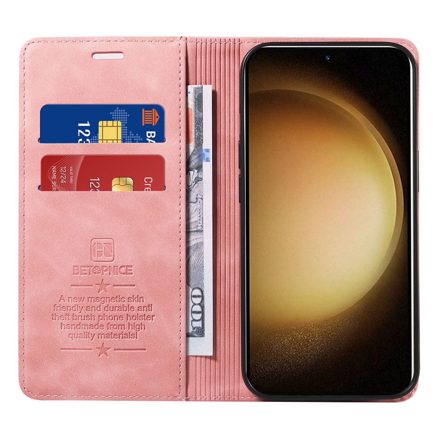 Uniqkart 003 For Samsung Galaxy S23+ RFID Blocking Phone Wallet Leather Stand Anti-drop Case - Pink
