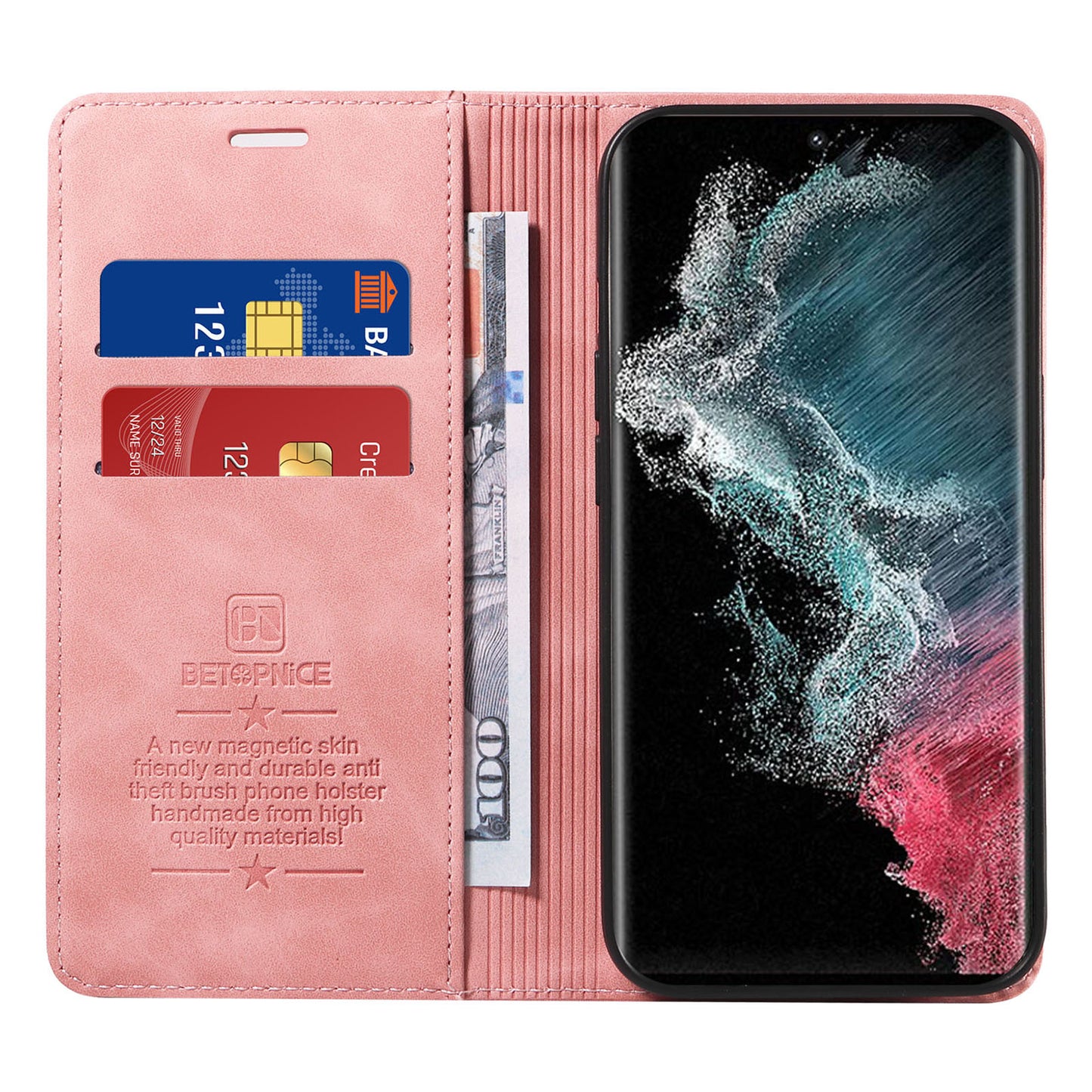 Uniqkart 003 For Samsung Galaxy S23 Ultra RFID Blocking Phone Wallet Leather Stand Shockproof Case - Pink