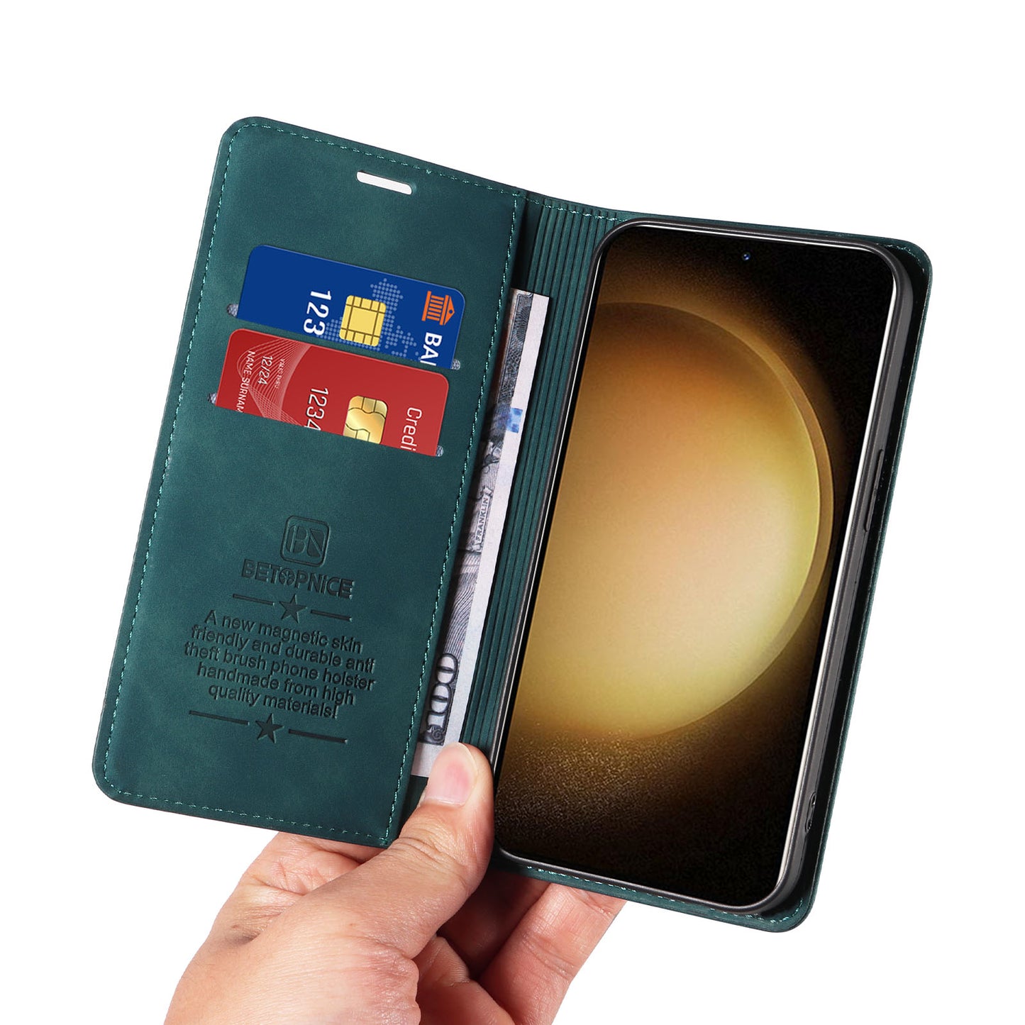 Uniqkart 003 Phone Cover for Samsung Galaxy S23 RFID Blocking Wallet Leather Stand Shockproof Case - Green