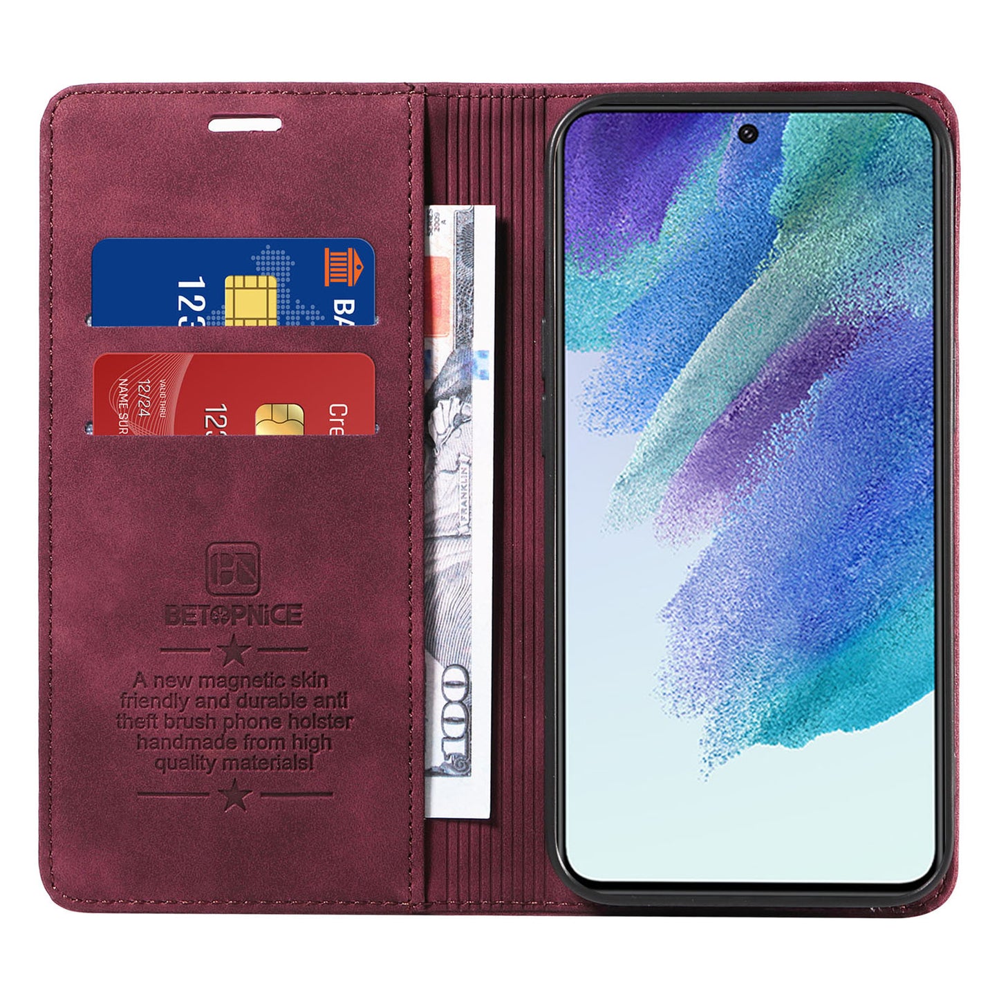 Uniqkart 003 Anti-scratch Cover for Samsung Galaxy S22 5G RFID Blocking Phone Wallet Leather Stand Case - Red