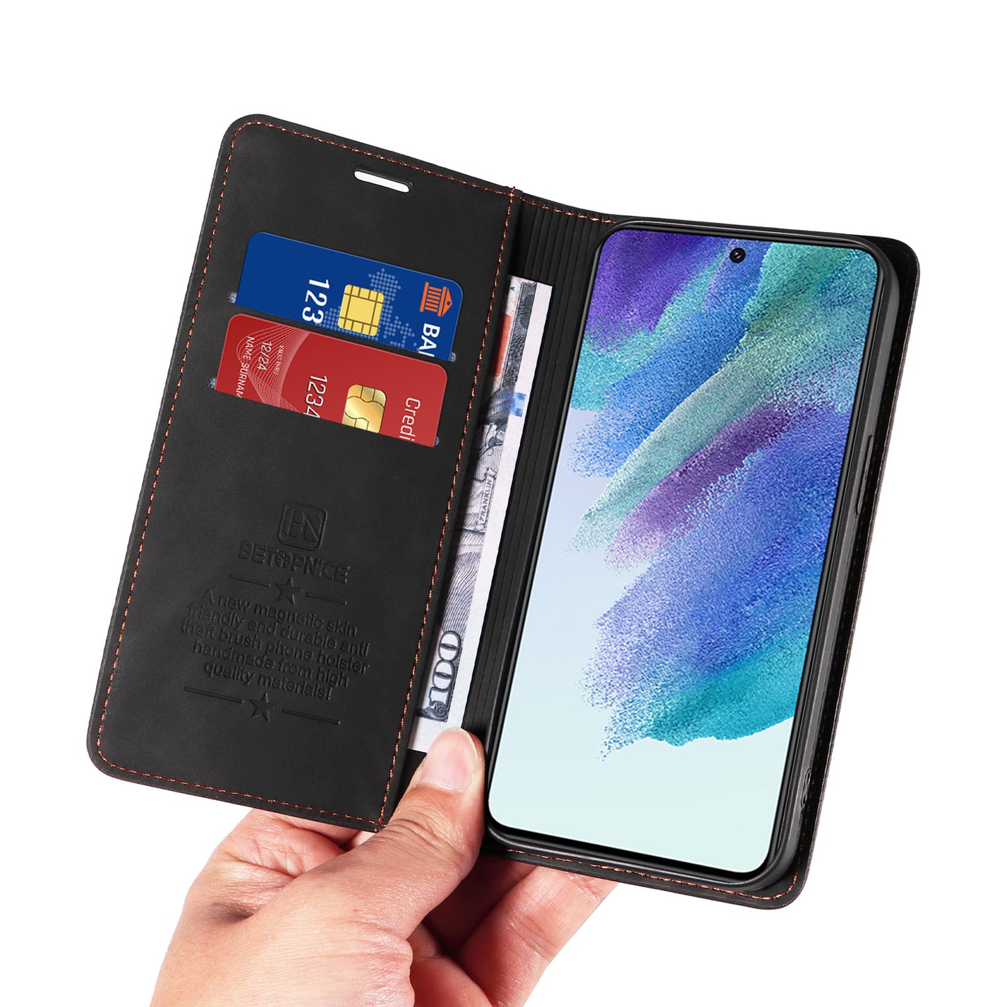 Uniqkart 003 Anti-scratch Cover for Samsung Galaxy S22 5G RFID Blocking Phone Wallet Leather Stand Case - Black