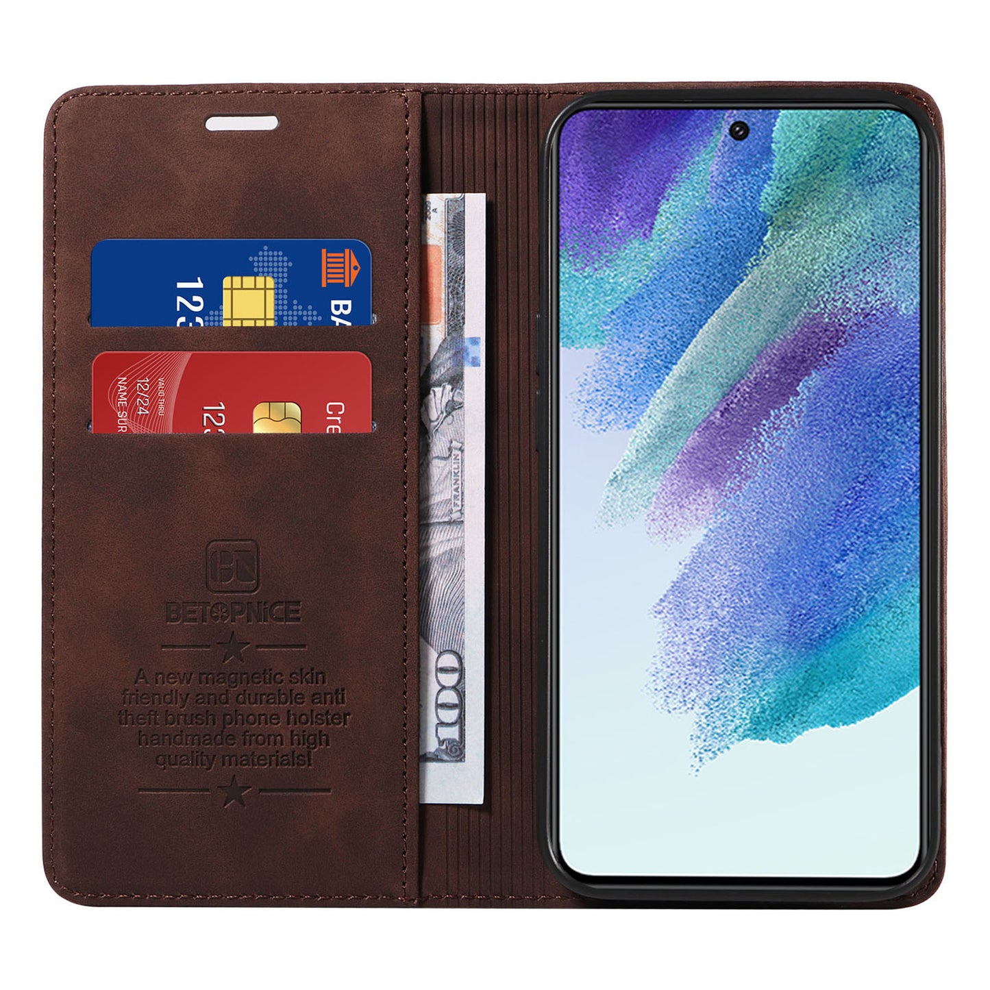 Uniqkart 003 Anti-scratch Cover for Samsung Galaxy S22 5G RFID Blocking Phone Wallet Leather Stand Case - Brown