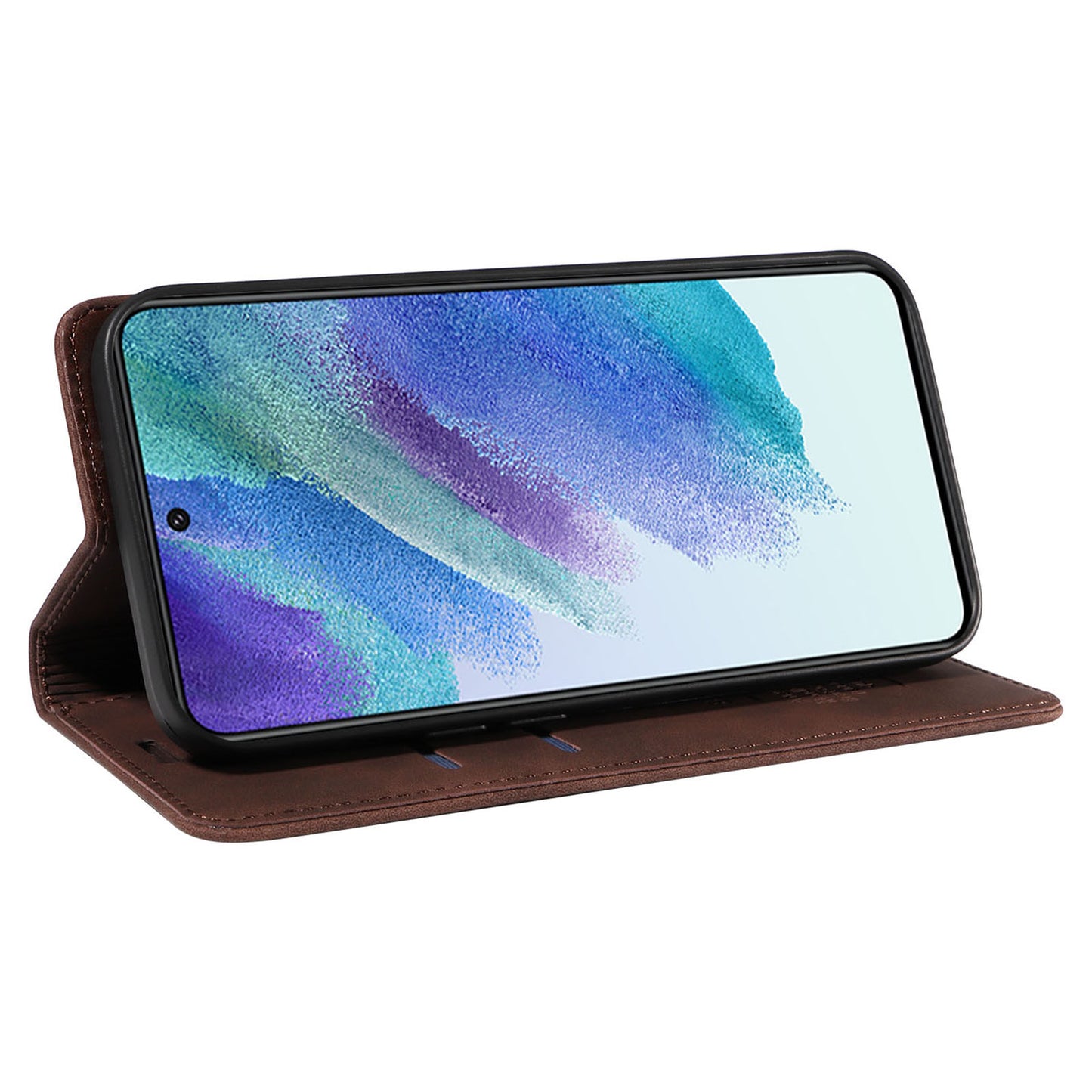 Uniqkart 003 Anti-scratch Cover for Samsung Galaxy S22 5G RFID Blocking Phone Wallet Leather Stand Case - Brown