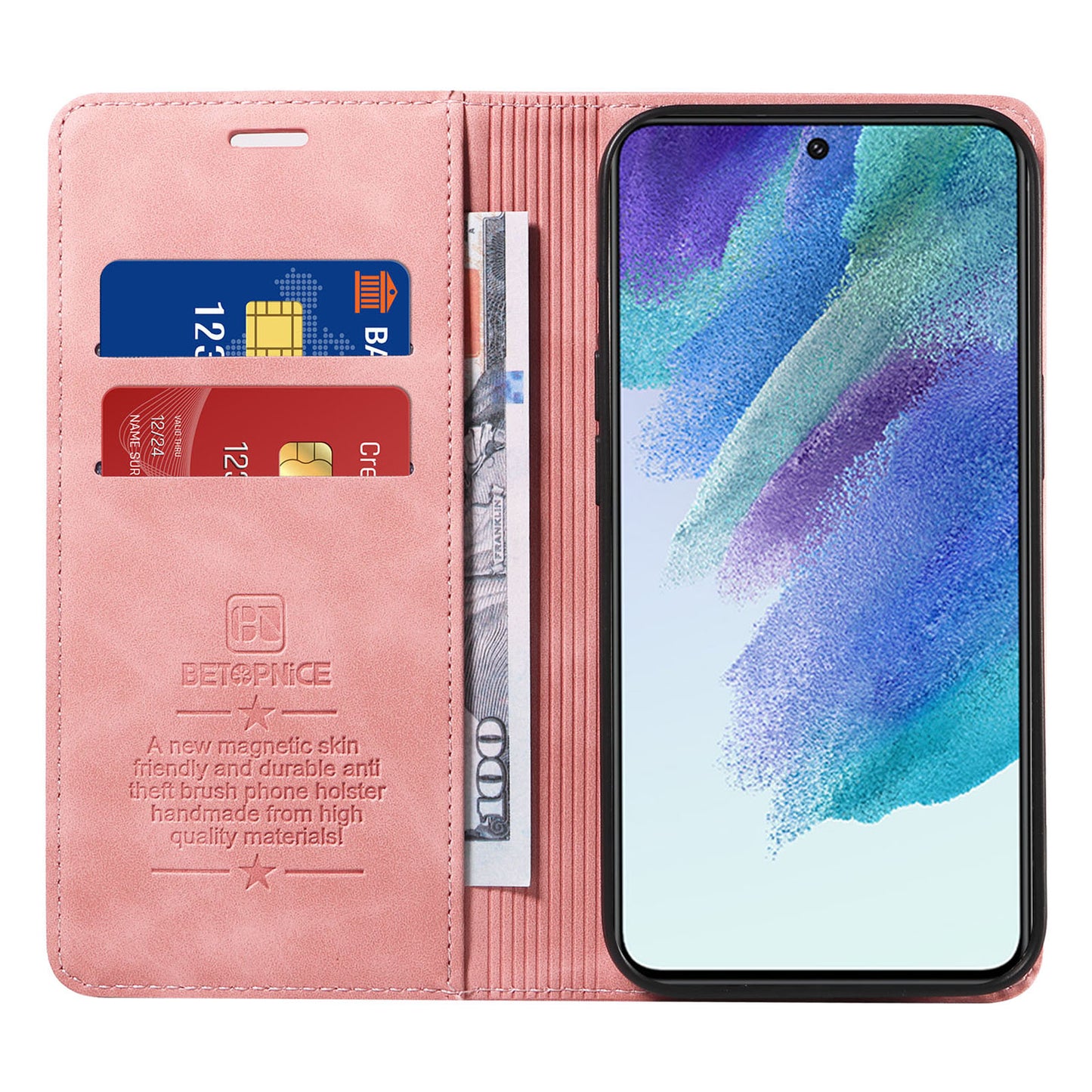 Uniqkart 003 Anti-scratch Cover for Samsung Galaxy S22 5G RFID Blocking Phone Wallet Leather Stand Case - Pink