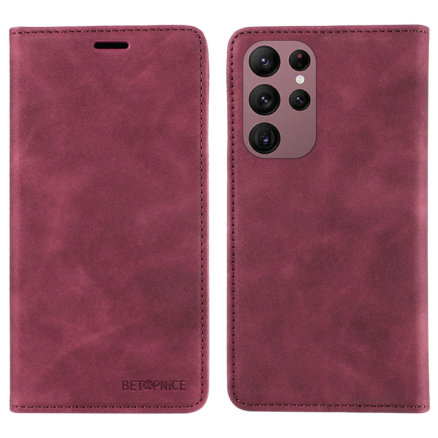 Uniqkart 003 For Samsung Galaxy S22 Ultra 5G RFID Blocking Bump Proof Phone Wallet Leather Stand Case - Red
