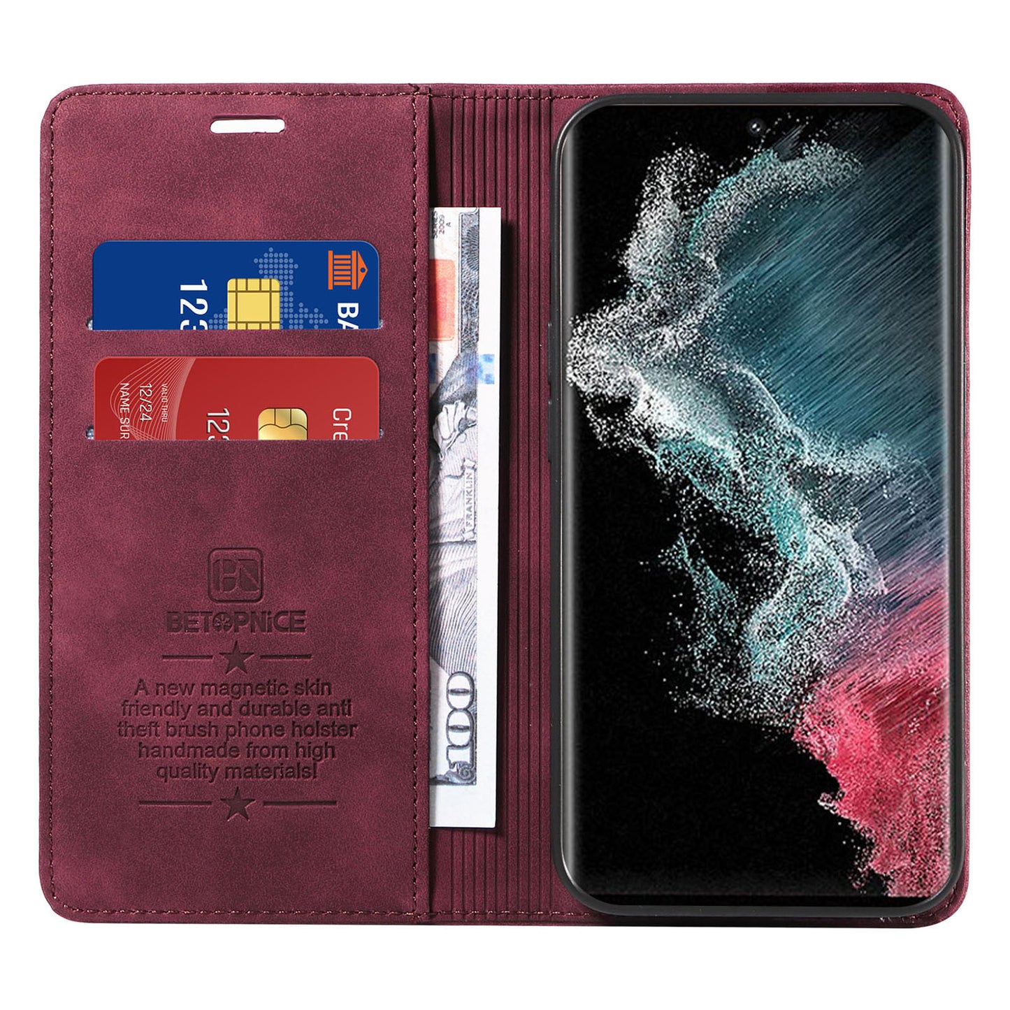 Uniqkart 003 For Samsung Galaxy S22 Ultra 5G RFID Blocking Bump Proof Phone Wallet Leather Stand Case - Red