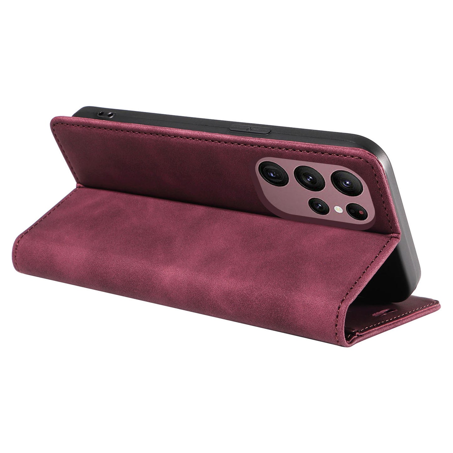 Uniqkart 003 For Samsung Galaxy S22 Ultra 5G RFID Blocking Bump Proof Phone Wallet Leather Stand Case - Red